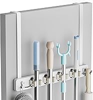 Lorbro Rustic Over The Door Broom Mop Holder, 4 Slots 4 Hooks Wood Organizer, No Drill Tool Rack for Laundry Garage Kitchen Closet