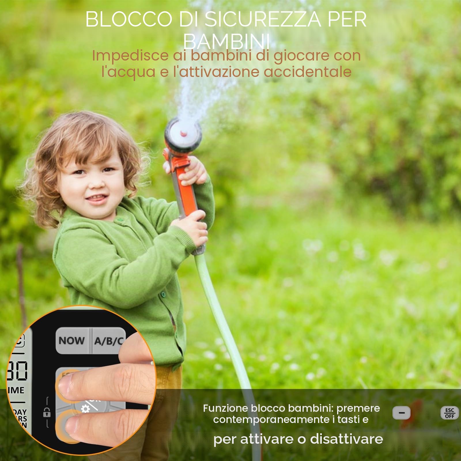 Temporizzatore di Irrigazione Automatico,Timer per l'irrigazione del Giardino con Display LCD,Temporizzatore di Irrigazione Manuale/Modalità Blocco Bambini/Ritardo Pioggia/Impermeabilità IPX5