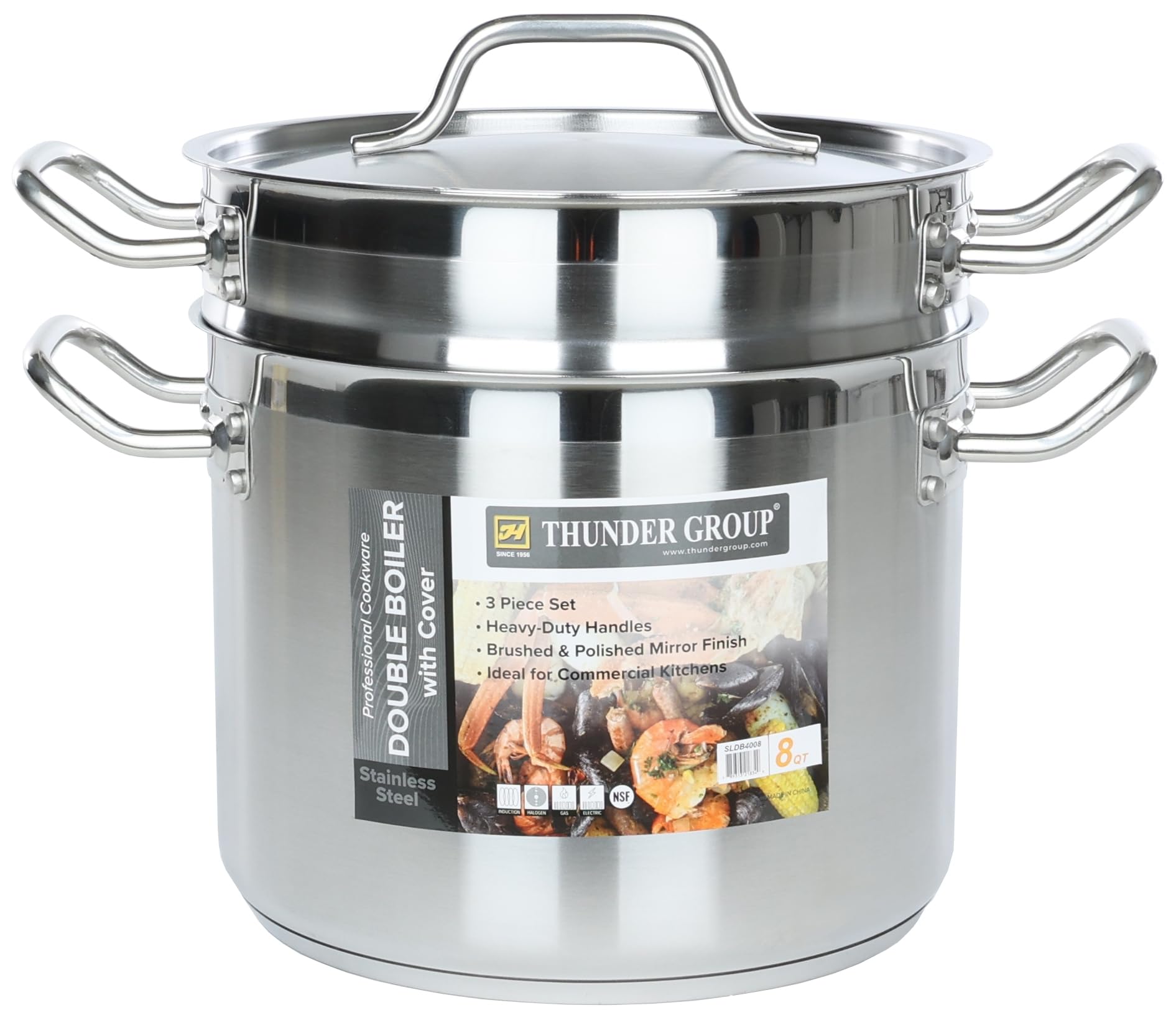 3-Piece 8 Qt Double Boiler Set with Encapsulated Base for Restaurant Cafeteria | Induction Gas Electric Cooktop Safe | 10"D x 7-5/8"H by Thunder Group – 8 Quartz, Model SLDB4008