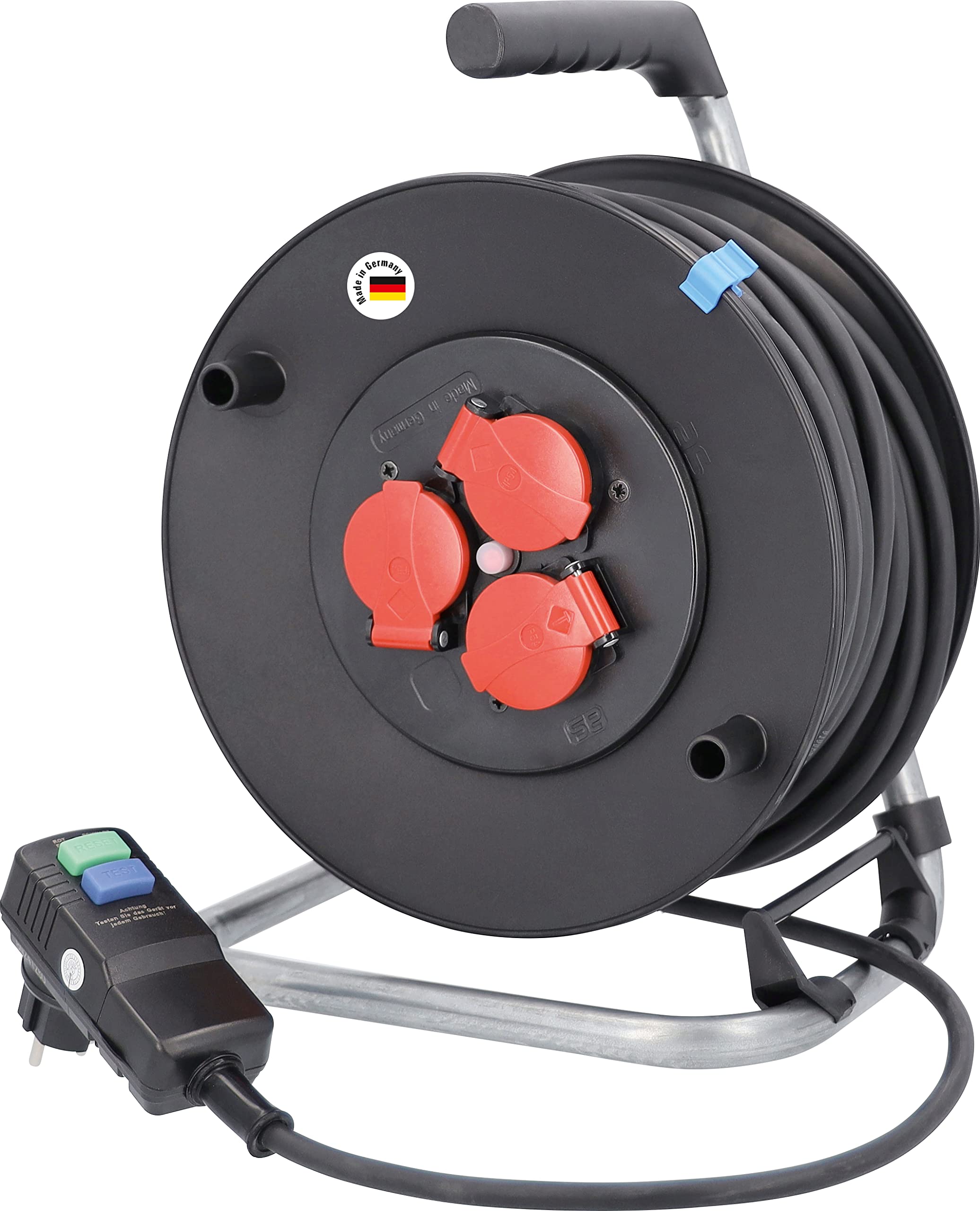 as - Schwabe enrollacables de 40 m H07RN-F 3G1,5-3 tomas con tapas de protección - interruptor diferencial PRCD 30mA - Protegido frente a salpicaduras de agua IP44 - Made in Germany, 10829