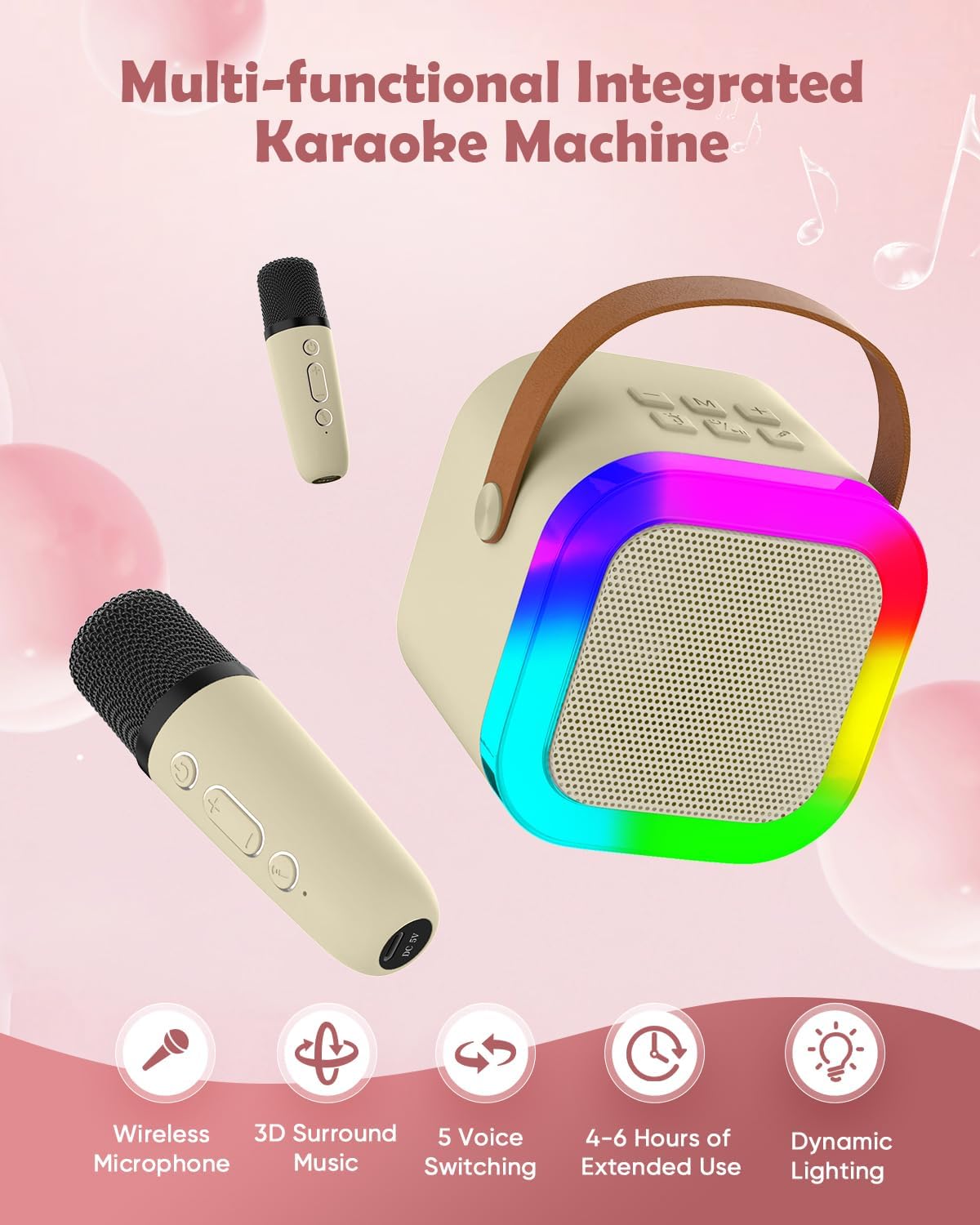Mini Karaoke Machine Speaker for Kids, Toys for Girls Boys Friends Age 3-12+, Birthday Gifts Portable Bluetooth Speaker with Wireless Mics for 5 6 7 8 9 10 11 Years Teens Girl Boys, Beige - Image 6