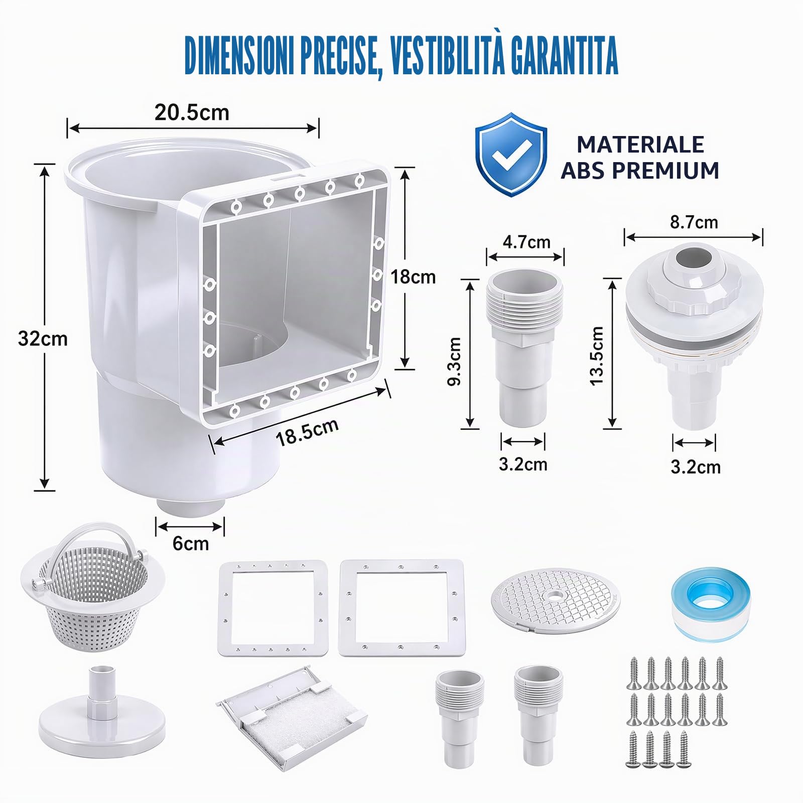 Set di skimmer per piscina con parete in acciaio e piscina fuori terra - Skimmer da incasso ad alta efficienza con grande cestello filtrante, ugello di ingresso, raccordo tubo 32/38 mm per la