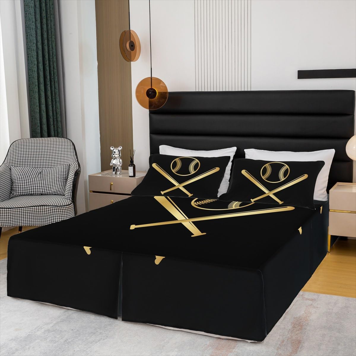 Baseball Bedskirt Queen Size Kids Boys Baseball Bedding Set 3Pcs Teens Sports Theme Bed Skirt All Season Black Gold Fashion Split Corner Bed Wrap Microfiber Modern Bedroom Decor,2 Pillowcases