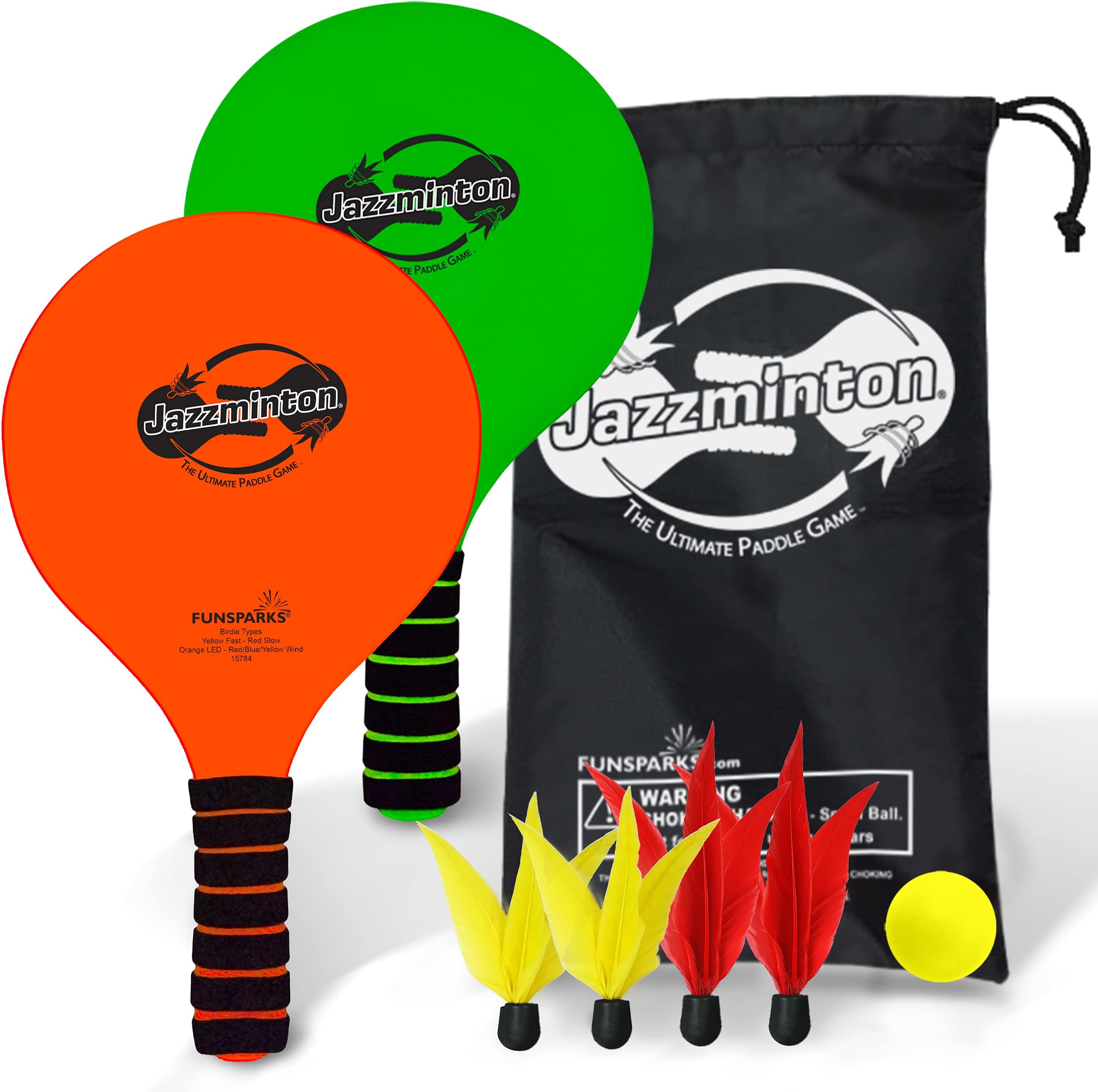 Funsparks Jazzminton Select â€“ Paddle Ball Game Indoor & Outdoor Game â€“ 2 Paddles, 4 Birdies, 1 Ball and Carry Bag â€“ Play at The Beach, Lawn or Backyard with Friends and Family