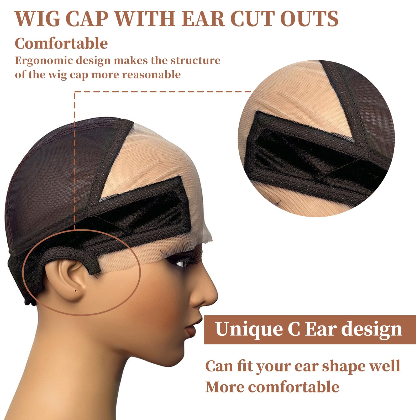 Lace Wig Cap with Grip Band for Keeping Wigs In Place 13x4 Wider Transparent Lace for Glueless Wig Adjustable Grip Cap with Velcro Headband (Brown) - Image 2