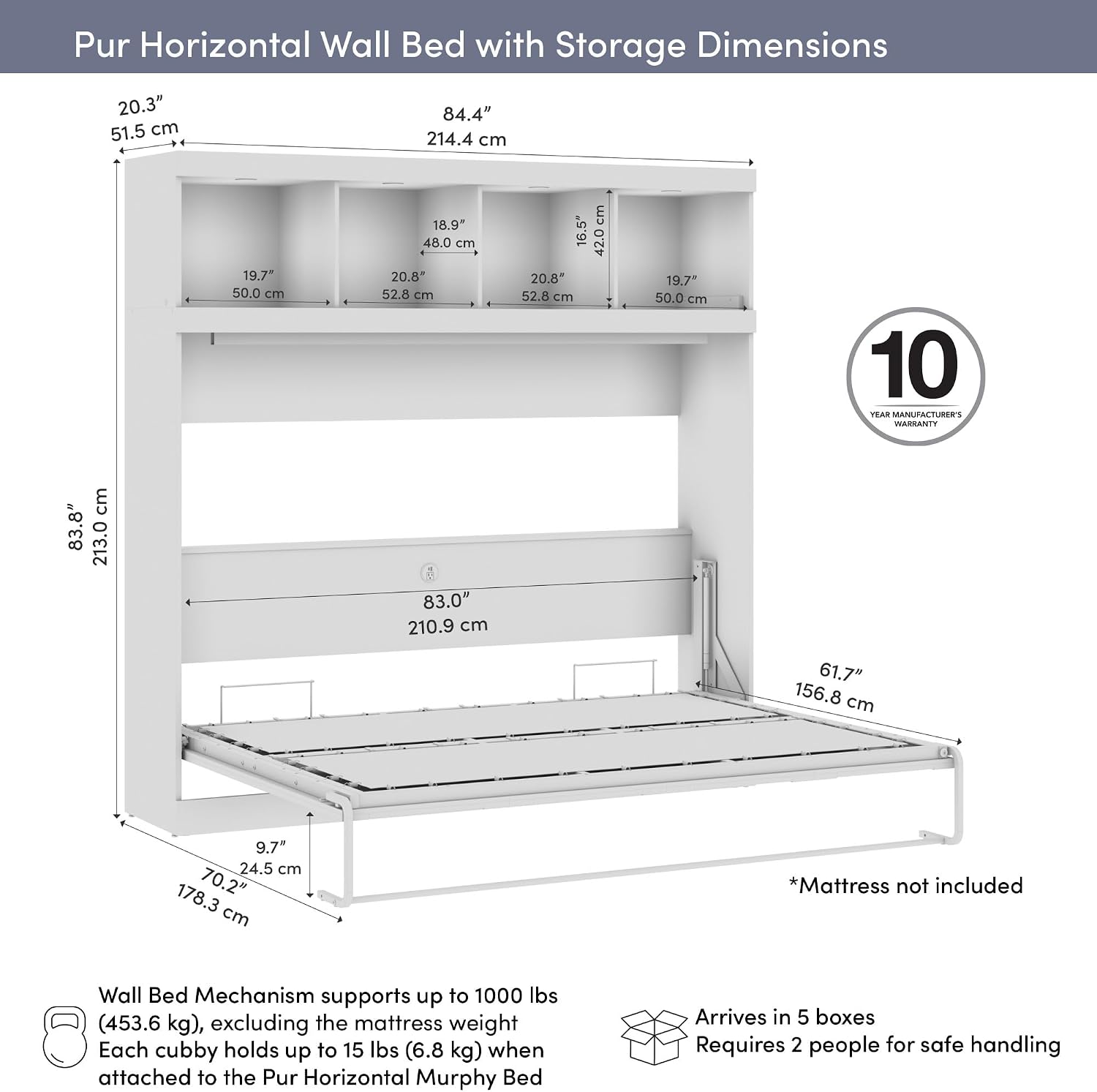 Bestar Queen Size Horizontal Murphy Bed with Storage and Charging Station, 80-inch, for Bedroom or Guestroom, Pur Collection, Modern, White