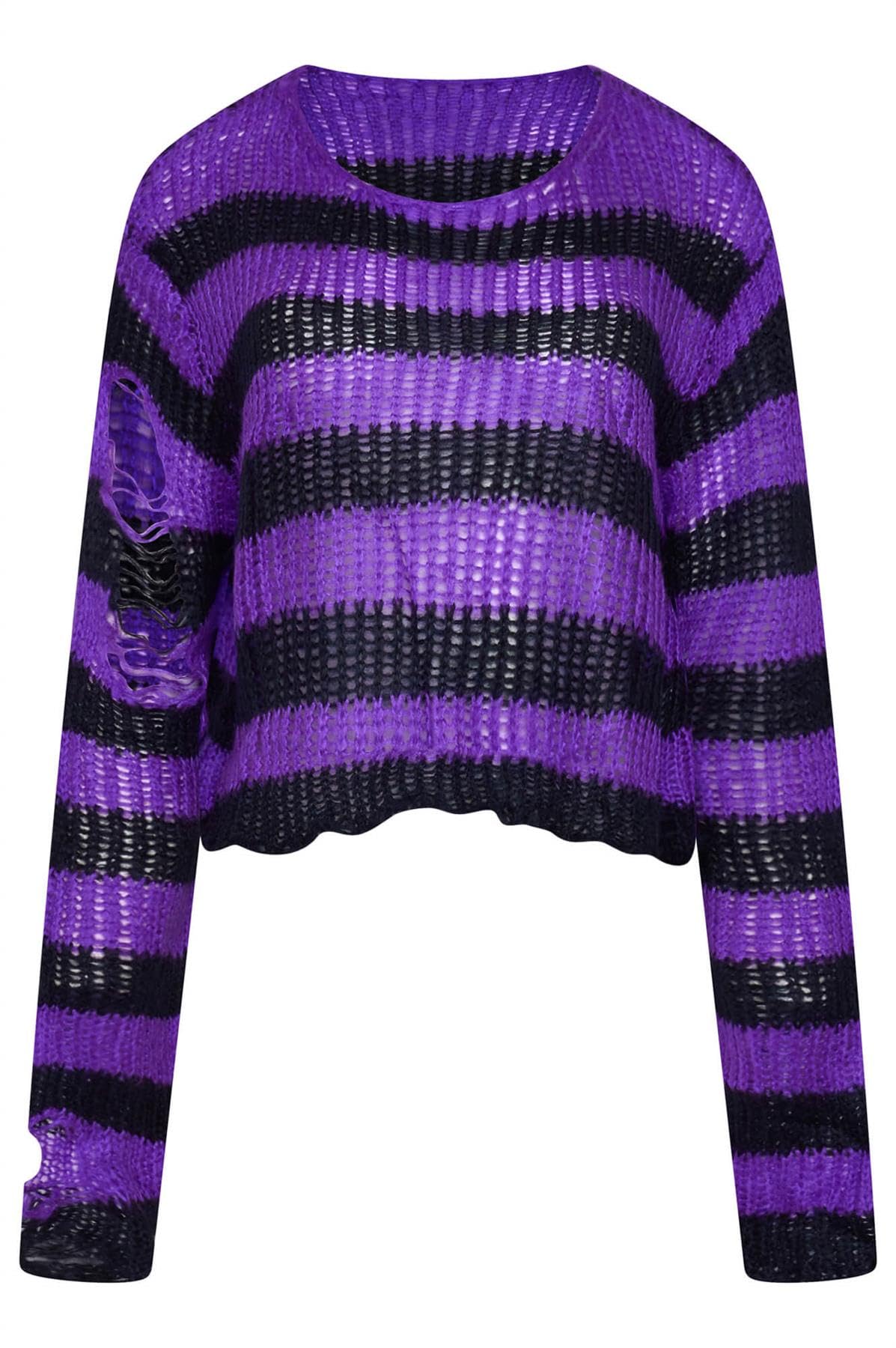 Ro Rox Women's Black-Purple Ryette Cropped Striped Knit Jumper For – Distressed Oversized Grunge Gothic Sweater, Long Sleeve Alternative Punk Alt Top