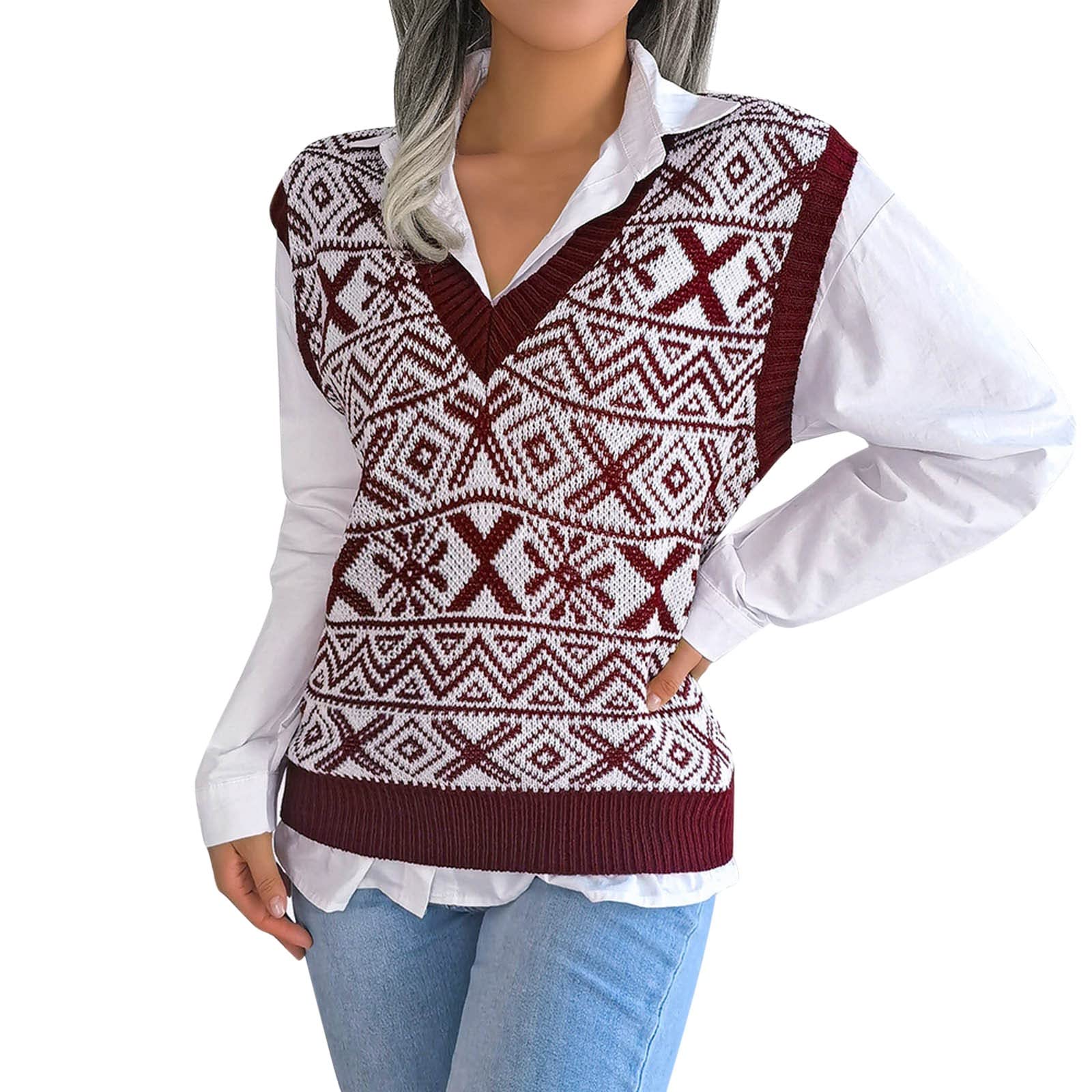 GenericWomens Casual Oversized V-Neck Sweater Vests Vintage Sleeveless Jumper Tops Cable Knitted Knitwear Waistcoat