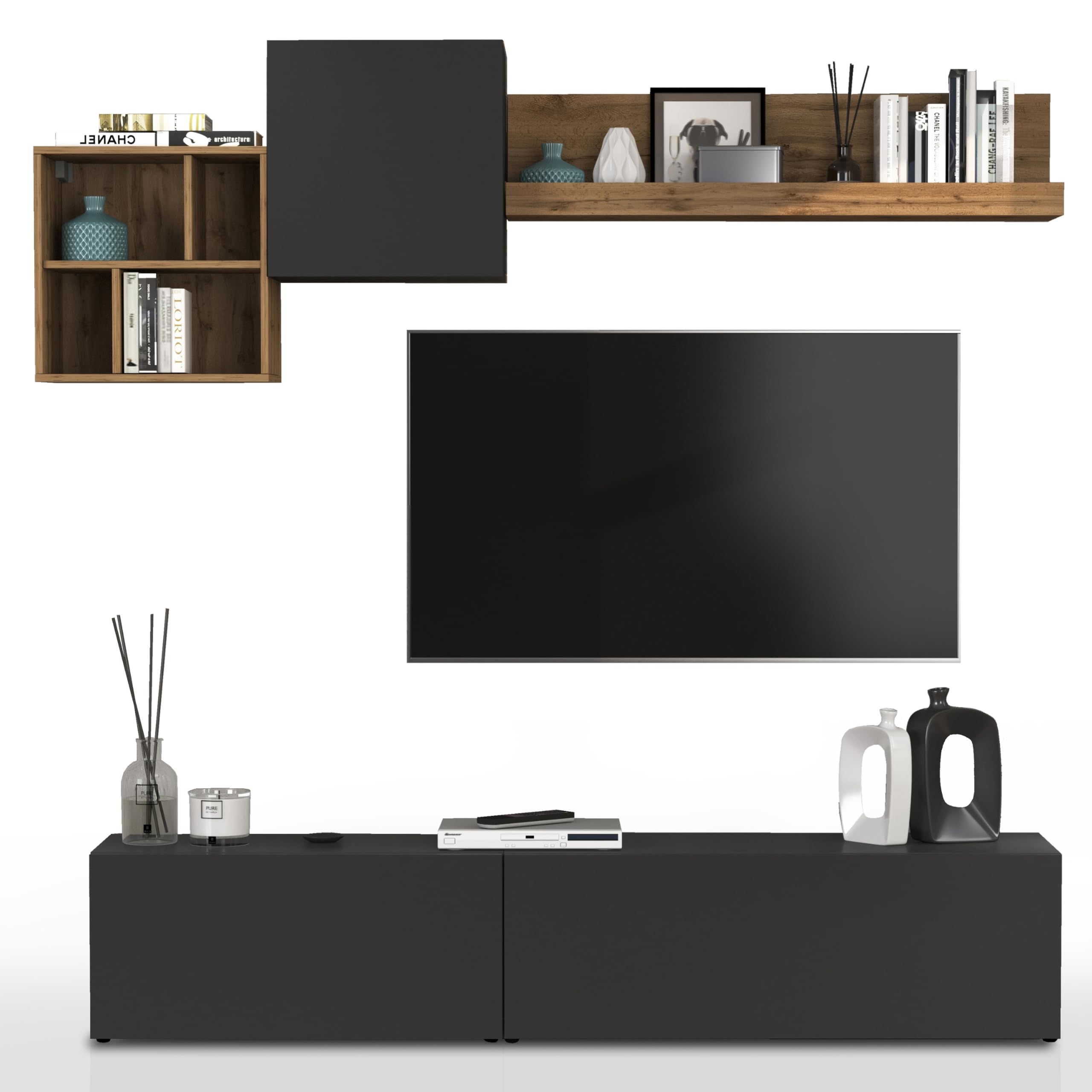WHOUS Parete Attrezzata CHRONOS per Soggiorno, Mobile Porta TV, 2 Pensili a Cubo e Mensola per Salotto in Legno, 210x40 cm, Antracite Opaco e Rovere