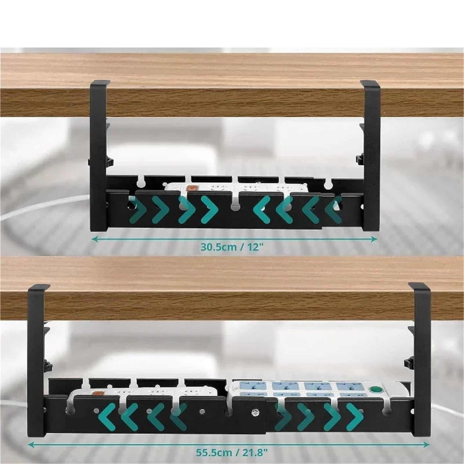 Bandeja Portacables Bajo La Mesa Bandeja de Cables de Metal Extensible Debajo del Escritorio, sin perforación, con Abrazadera, Soporte de Cable de regleta retráctil para Cables(Black)