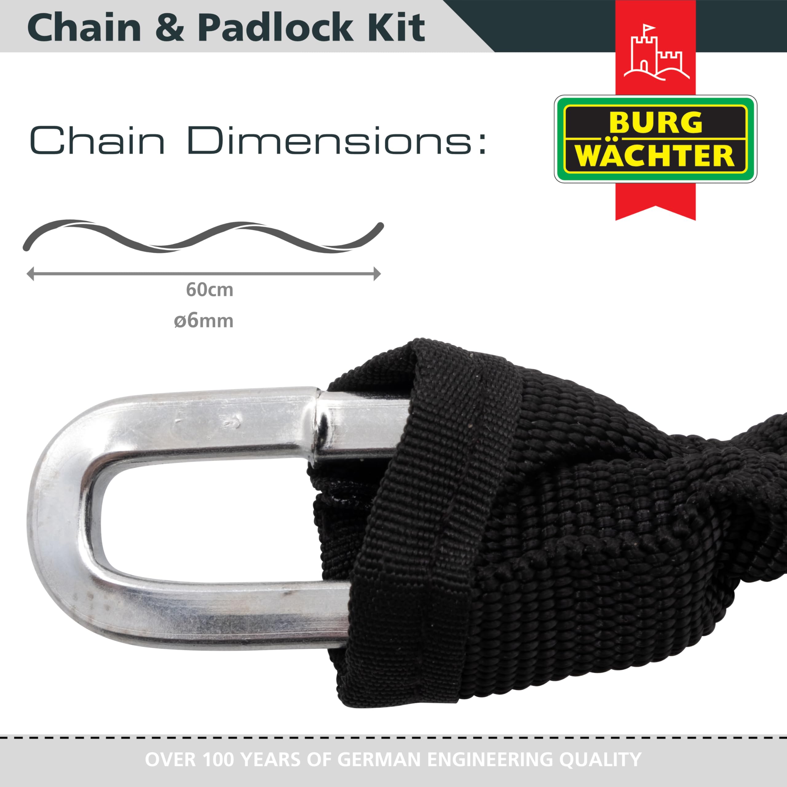 Burg Wächter SKM 6/60 CPL Burg Wachter 60cm 6mm Security Chain & Combination Padlock, Black - Image 4