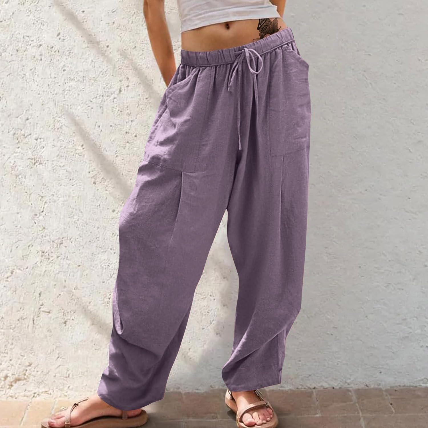 Capris Pants for Women Boho Solid Vintage Business Casual Drawstring Waist Wide Leg Fashionable Sweatpants - Image 2