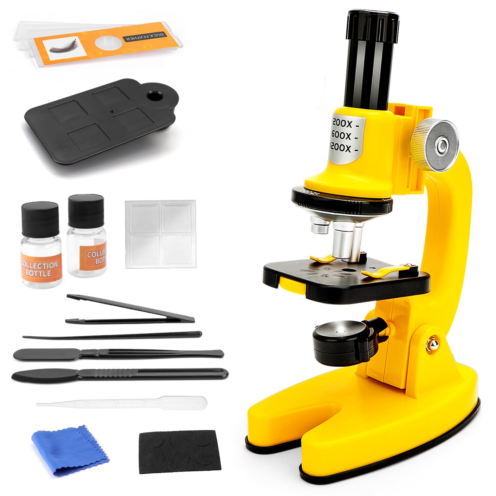 deAO Microscope for Kids 1200X High-Power Science Microscope Kit with LED Light Mobile Phone Adapter 3D Slides, Magnifying Glass, Test Tubes, Color Filters, Stem Toys Science Explorer Tool (Yellow)