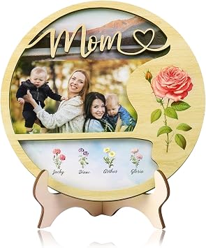 Personalized Wooden Signs Cutome Birthday Flower Ornaments with Base Engraved Names Ornaments Gift for Mom Grandma Home Desktop Decoration 4 Names
