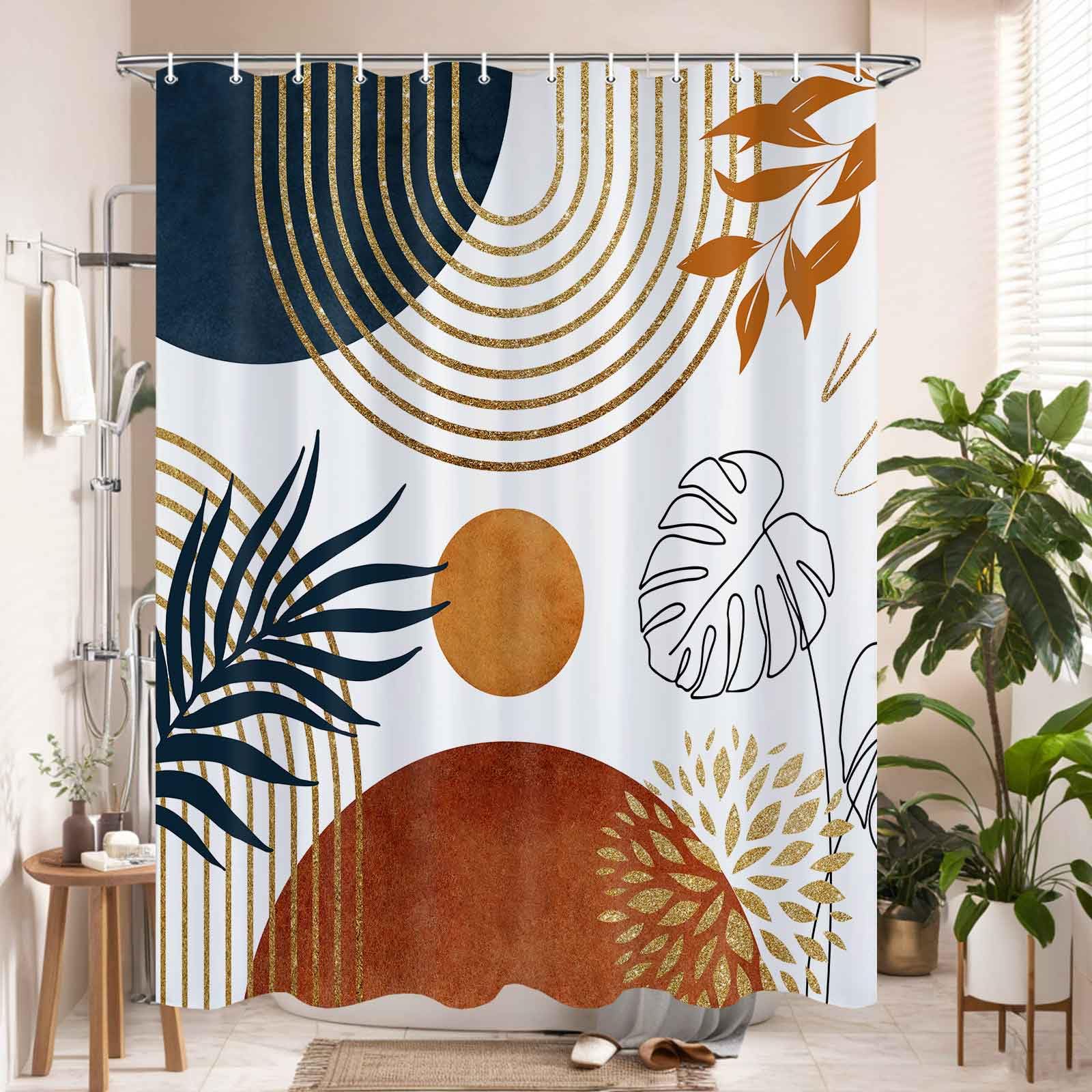 ALXRLXR Boho Mid Century Shower Curtain – Minimalist Abstract Arch & Sun Design, Waterproof, Machine Washable Bathroom Decor With Hooks