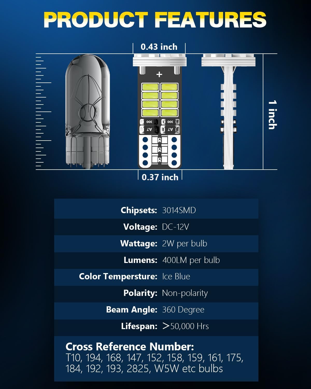 10Pcs 194 T10 168 W5W 2825 LED Bulb, Super Bright LED Car Interior Dome Map Camper RV License Plate Light Bulbs, Upgraded 25-SMD 3014 Chipsets 12V 400LM Ice Blue