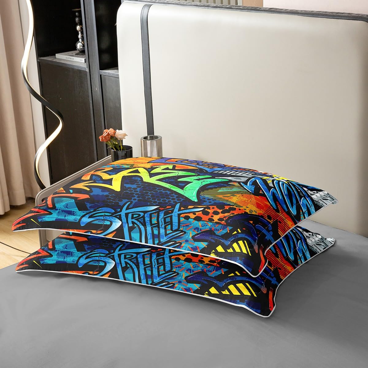 Homemissing Hippie Graffiti Style Housse de Couette 220x240cm 100% Coton Adolescent Hip Hop décoration Enfants Parure de Lit Garçon Fille Graffiti Motif Literie Set Street Culture Série 3 pièces