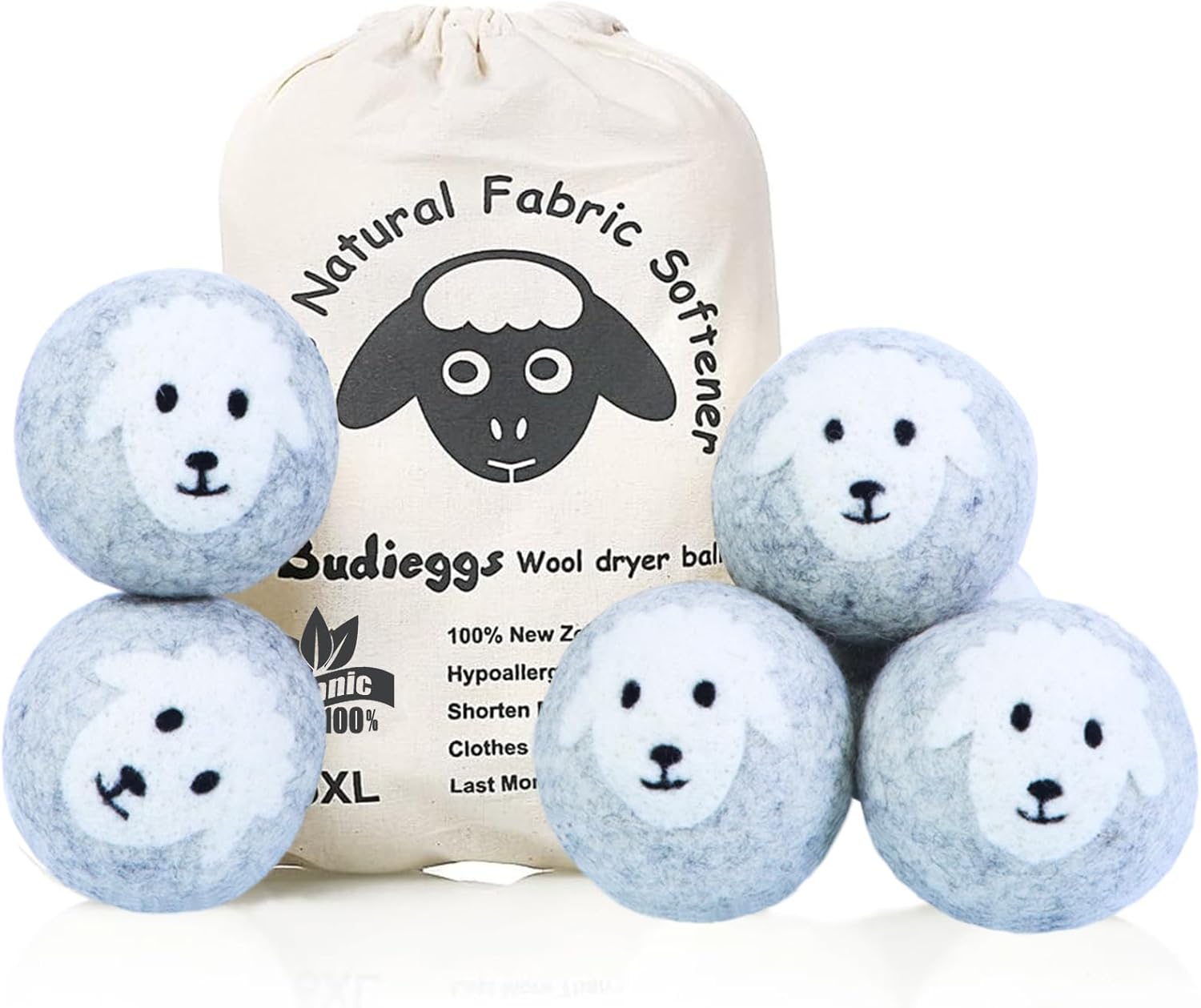 Wool Dryer Balls Organic XL 6-Pack, 100% New Zealand Chemical Free Fabric Softener for 1000+ Loads, Baby Safe & Hypoallergenic, Reduce Wrinkles & Shorten Drying Time Naturally (Grey Sheep)