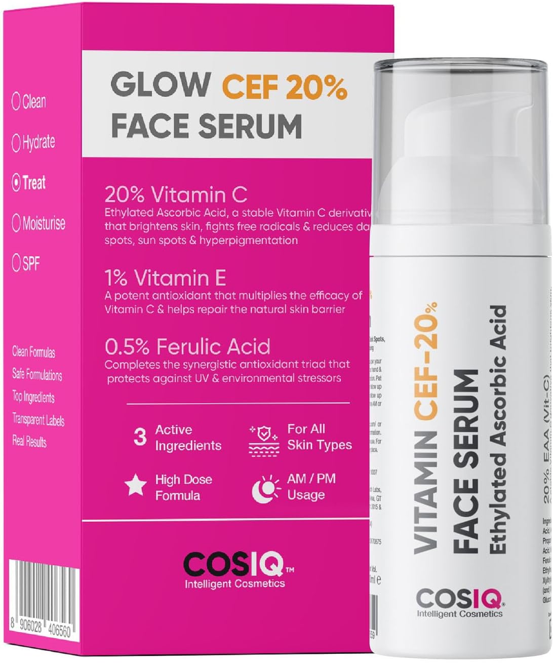 Cos-IQ 20% Vitamin C Face Serum With Vit E, & Ferulic Acid | Safe and Effective Skin Brightening Serum for Glowing Skin, Protects Against, Wrinkles, Fine Lines, Dark Spots | 30ml