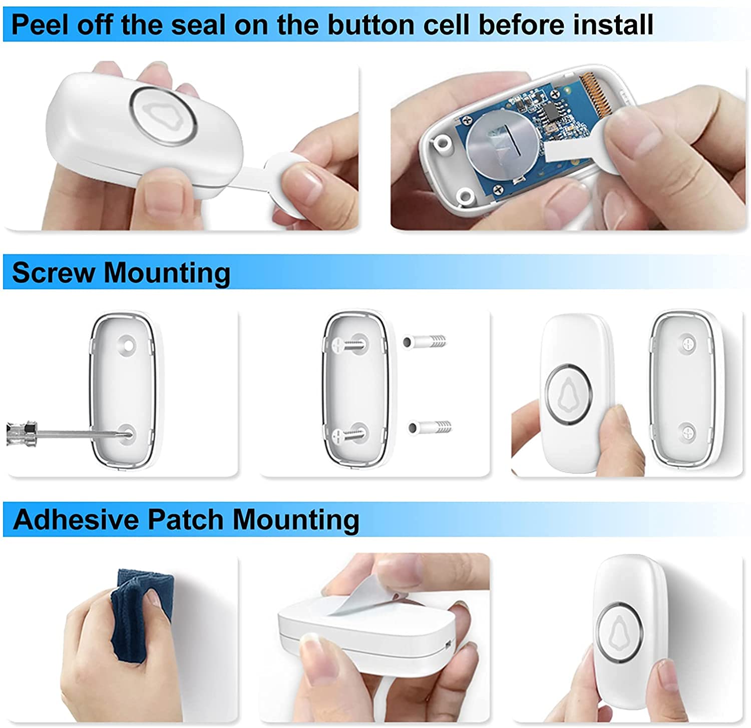 Timbre Inalámbrico Exterior Impermeable, Doorbell con 3 Receptores + 2 Botón a Pila, 58 Melodías, 5 Niveles Volumen 0–120 dB, Luz LED, 300 m Alcance, Campainha Sem Fios para Casa Apartamento, Blanco