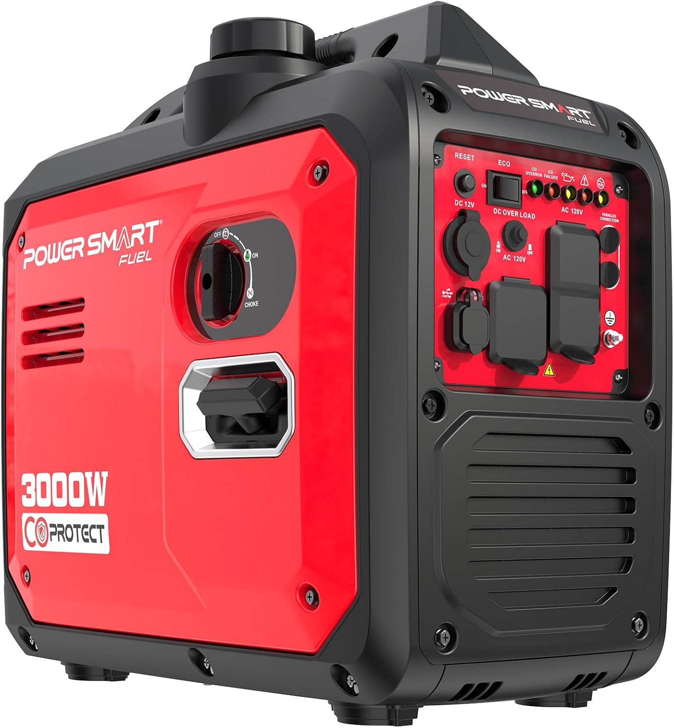 PowerSmart 3000W Portable Inverter Generator, Gas Powered with CO Alarm, Parallel Ready, 121.6cc 4-Stroke OHV Engine, Super Quiet for RV Camping and Home Emergency Backup