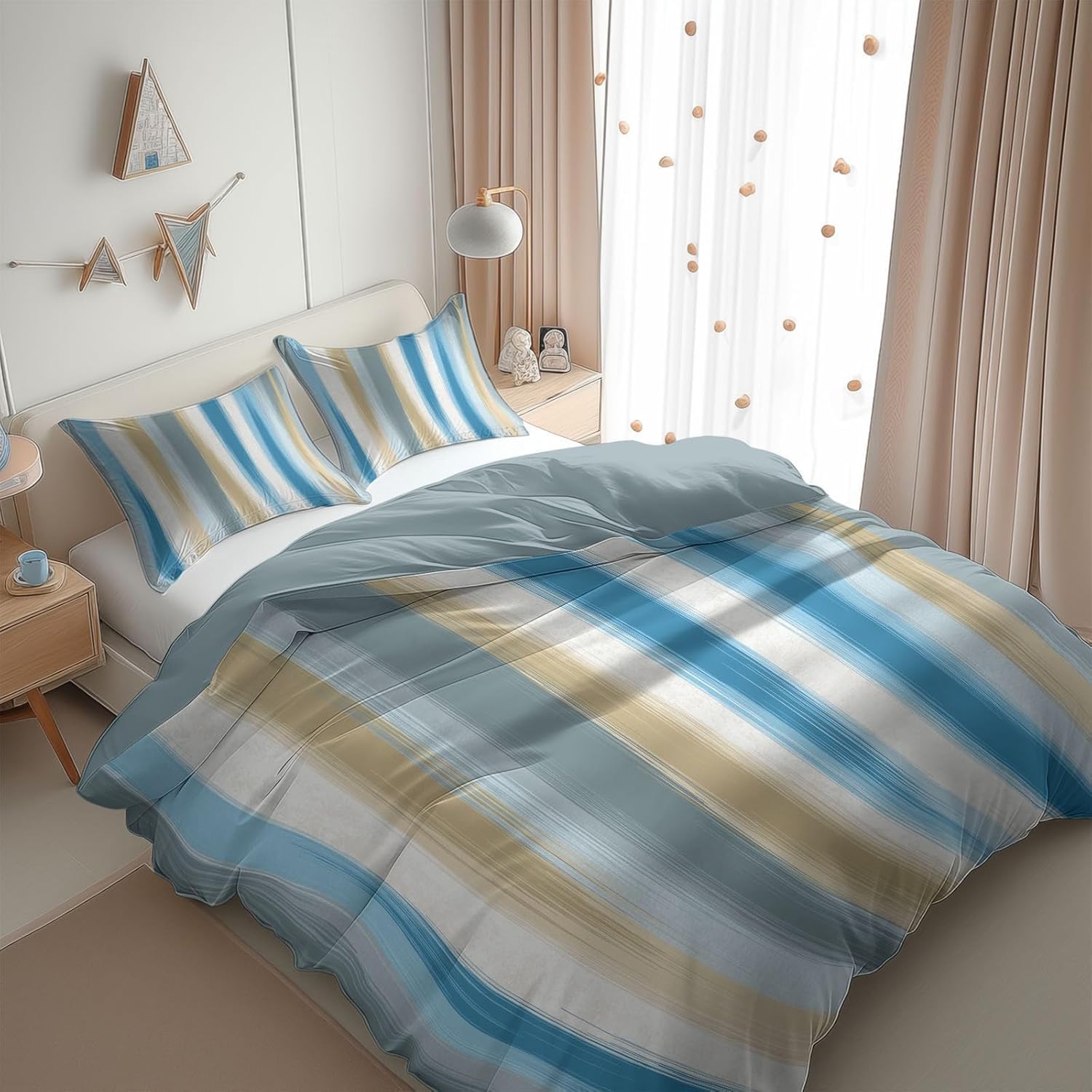 Poszwa na kołdrę 105/120 Geometryczne paski 3D Niebieska poszwa na kołdrę 180x220 cm, lekka i wygodna pościel z mikrofibry z zamkiem błyskawicznym i 2 poszewkami na poduszki Łatwa w pielęgnacji M/6423