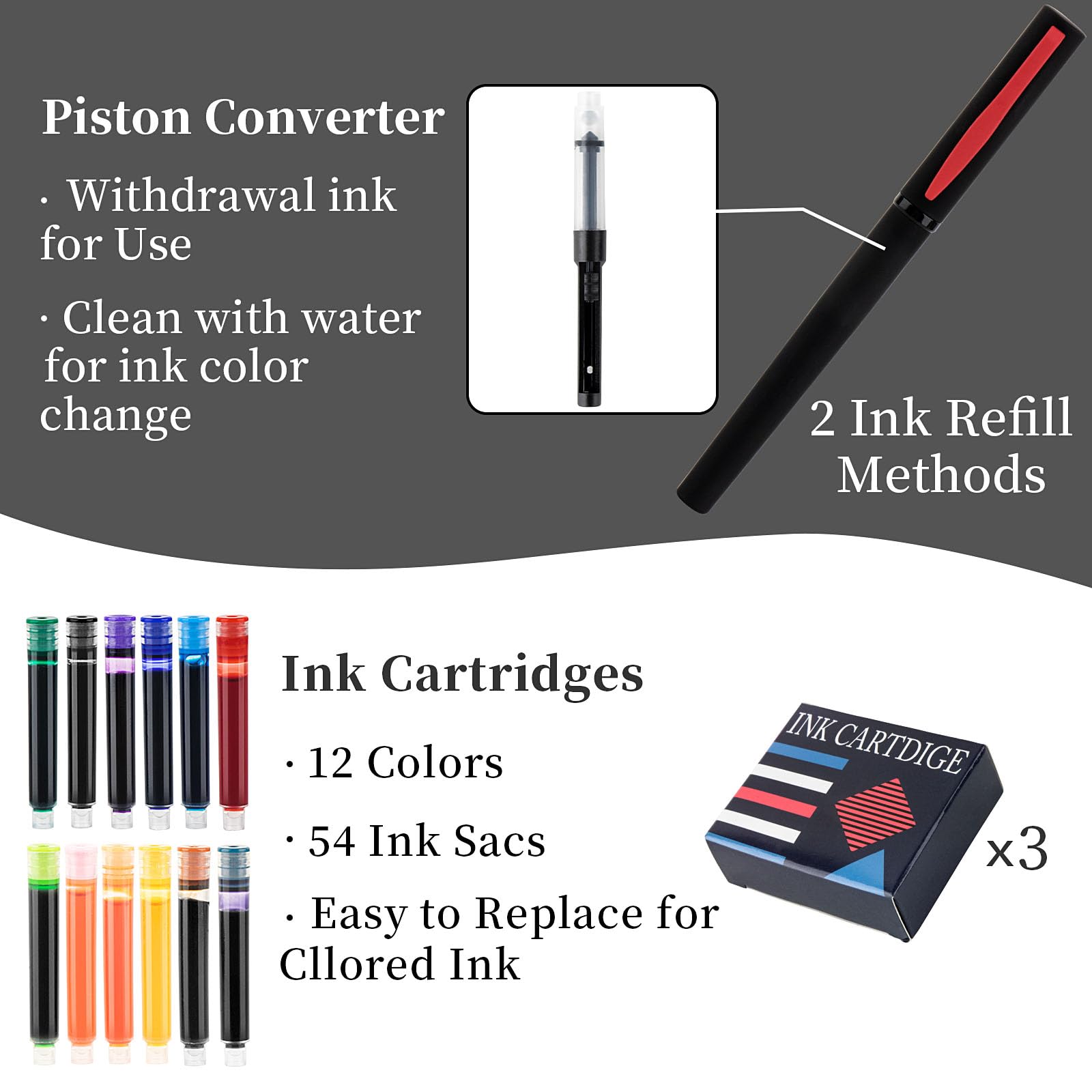 Lot de stylos de calligraphie, 7 pointes interchangeables, 60 cartouches d'encre (12 couleurs) – Stylos plume pour débutants, écriture, dessin, cartes de vœux et signatures de mariage