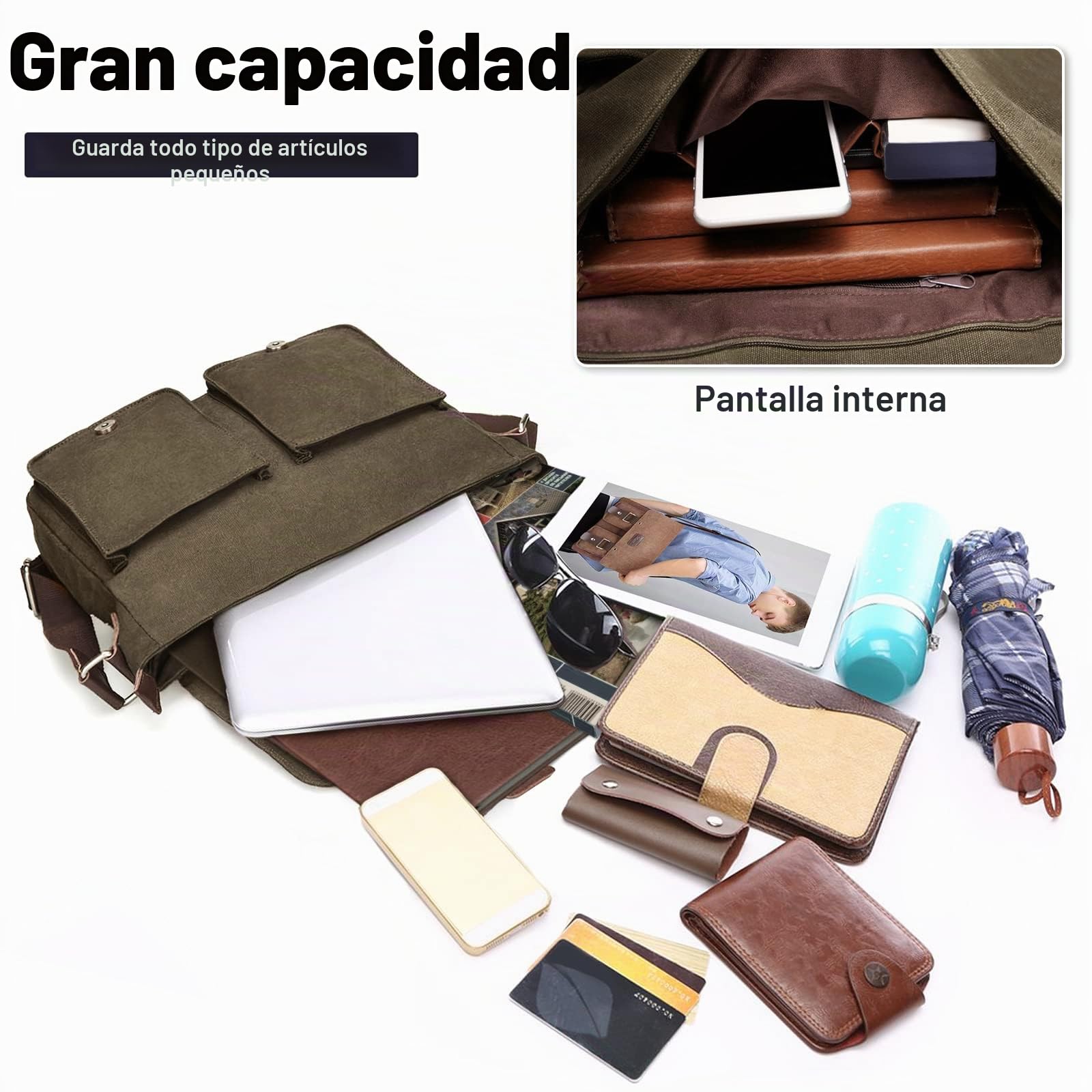 Bolsa de Mensajero Hombres Lona Bolso de Bandolera Casual Bolsa de Hombro para Ordenador Portátil Escolar Bolso de Lona Verde