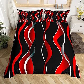 Red Grey and Black Stripe Comforter Cover Queen Size, Retro Stripe Swirl Bedding Set Geometric Pastel Gradient Stripes Bedding Set for Kids toddler Geometry Swirl Lines Bedspread Cover Durable Bedset