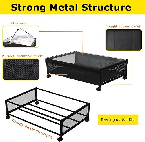 Miniatura 4 de NADAMOO Almacenamiento debajo de la cama con ruedas y cubierta transparente, contenedores de almacenamiento rodantes debajo de la cama, marco de