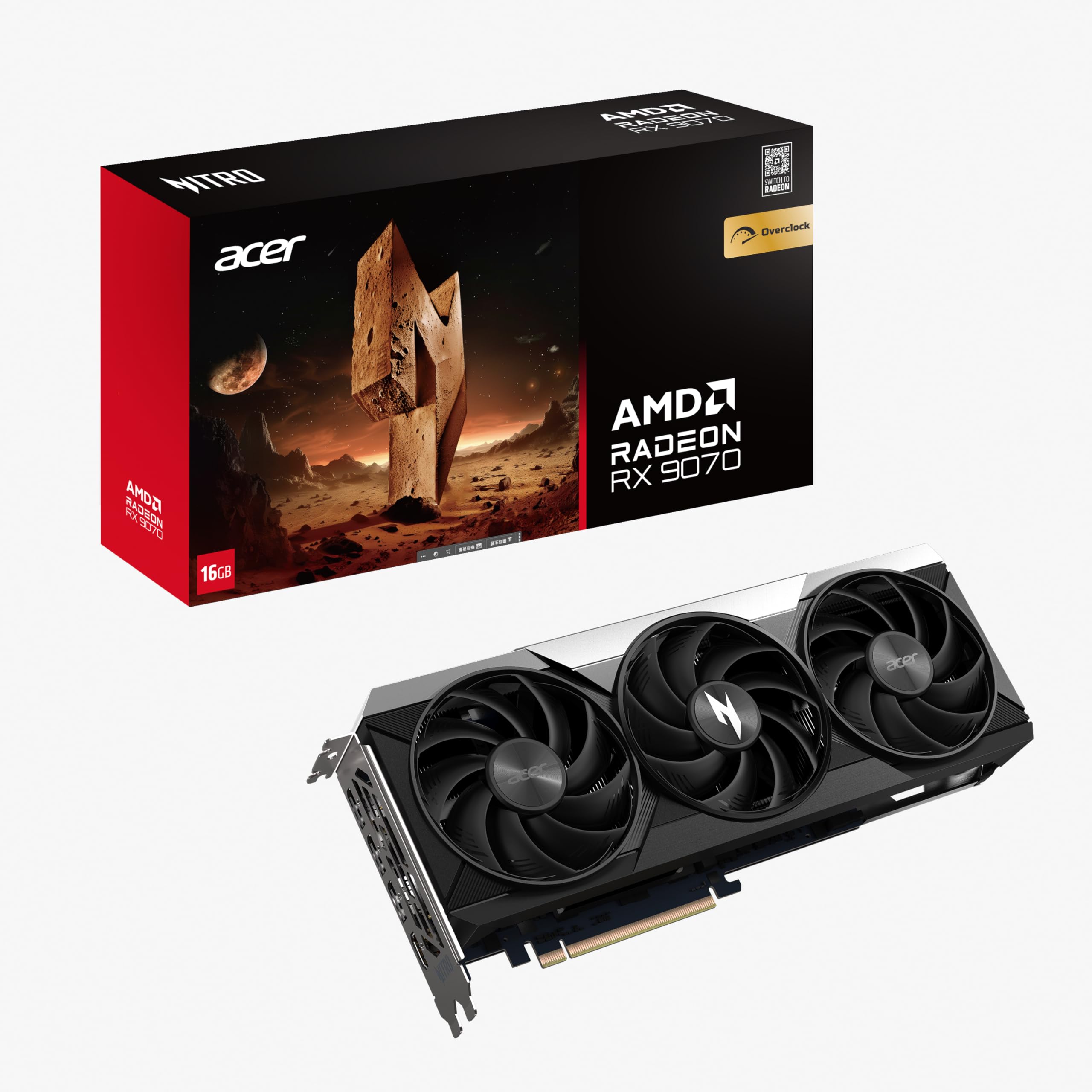Acer Nitro Radeon RX 9070 OC - AMD Grafikkarte (16 GDDR6, 256 Bit, PCIe 5.0 x16, 1x HDMI 2.1a 3X DP 2.1) 3X Nitro FrostBlade, 2x8 pin, Slot Space: 2.5