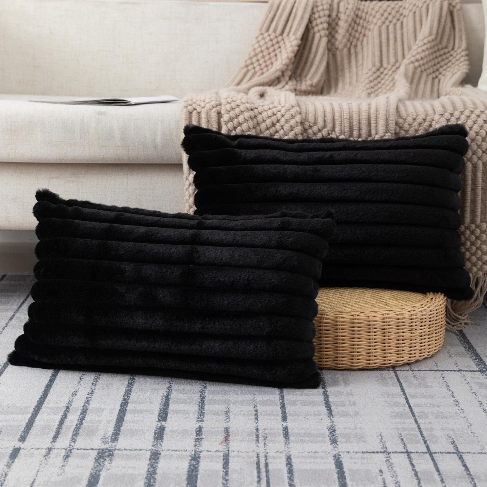 ZLINA Set of 2 Black Faux Fur Decorative Throw Pillow Covers Fluffy Striped Pillowcase Cushion Covers 12 x 20 Inch Decor Sofa Couch Bedroom