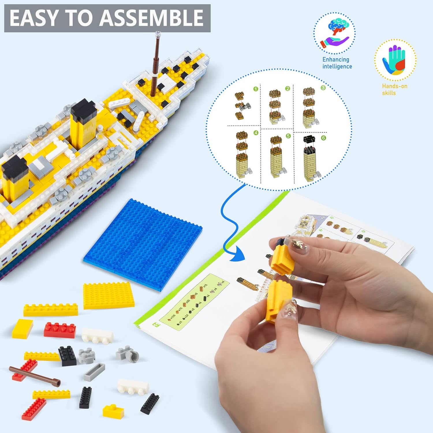 A person assembling the Seyaom Titanic Building Block Kit using the provided paper instructions, demonstrating the ease of assembly.