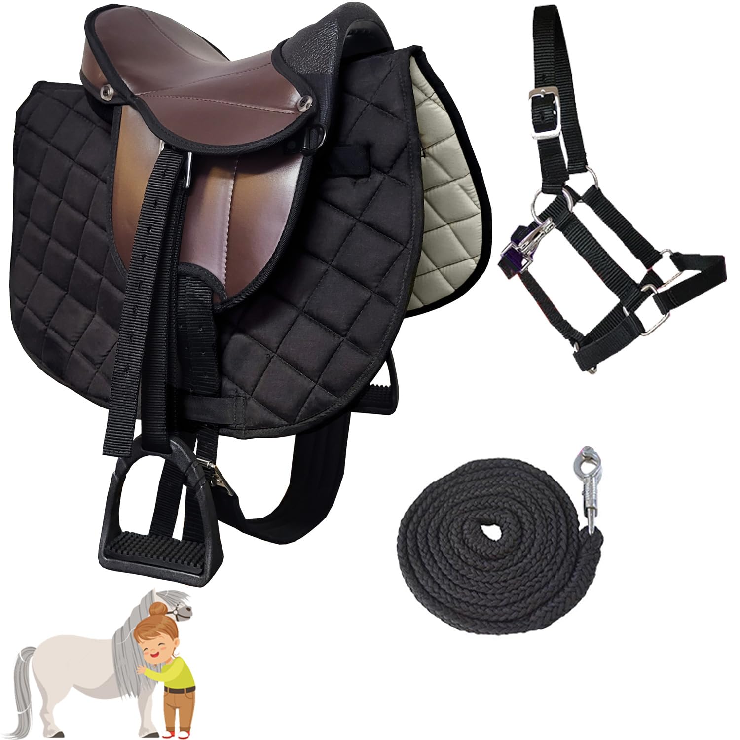 My Sweet Pony Kinder Shettysattel-Set Eclipse mit Halfter und Führstrick für Pony Shetty und Holzpferd