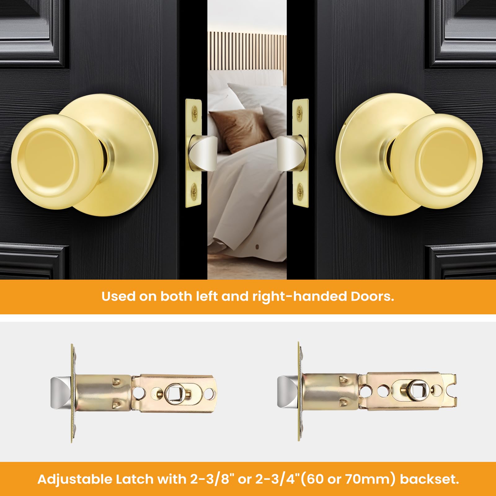 GOBEKOR Passage Door Knobs - 2 Pack Polished Brass -5