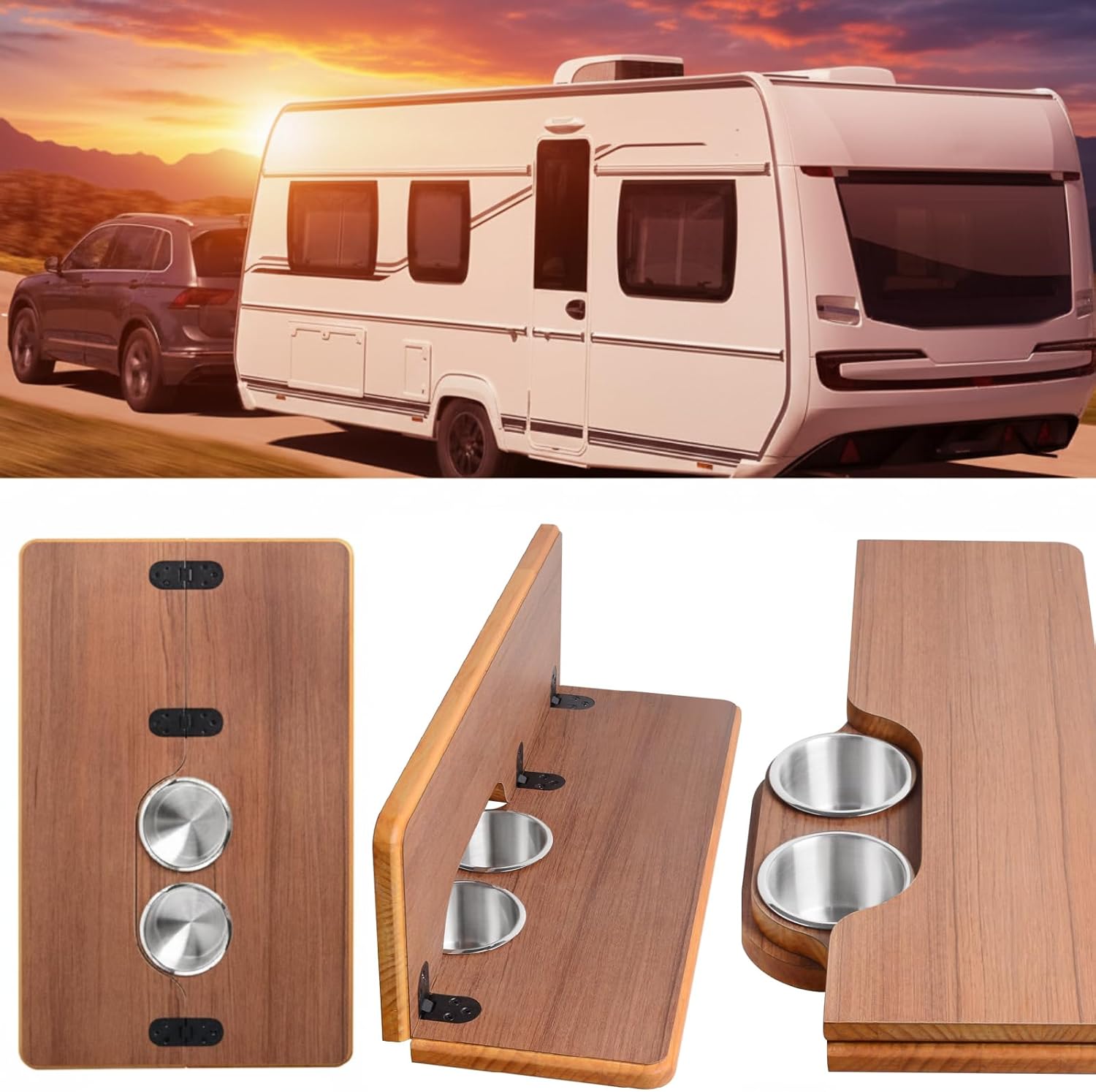 Small Camper Folding Table Board 55x35cm, Durable Espresso Wood Dinette Replacement Top with Cup Holders for Travel Trailer Caravan, Stable Narrow Workspace (Folds to 7")