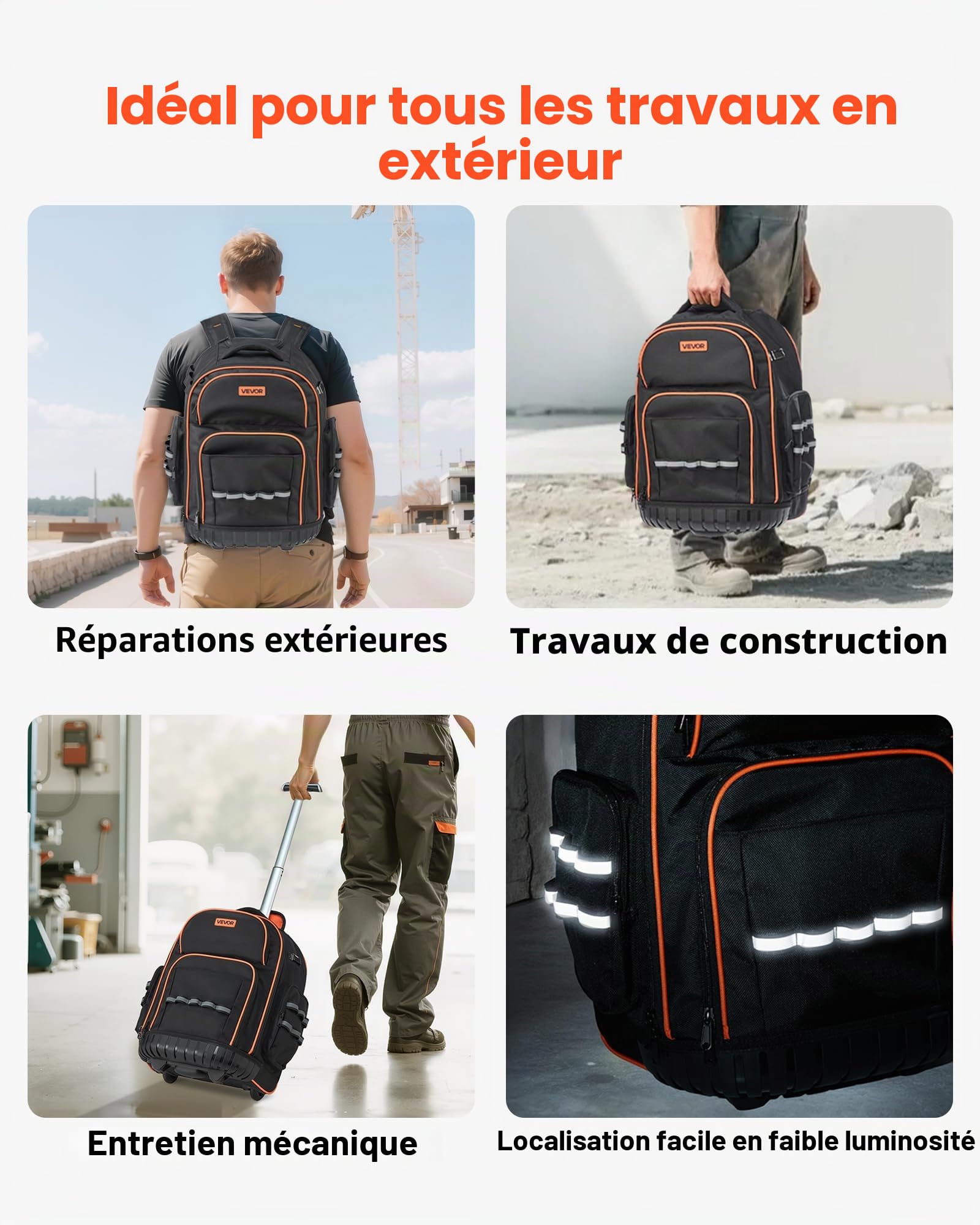 VEVOR Sac à Dos à Roulettes, Charge 50 kg, Sac à Outils, 44 x 25 x 48 cm, avec 45 Poches, Poignée Télescopique, Base Stable, Organisateur à Outils Robuste, pour Électriciens, Plombiers, Mécaniciens