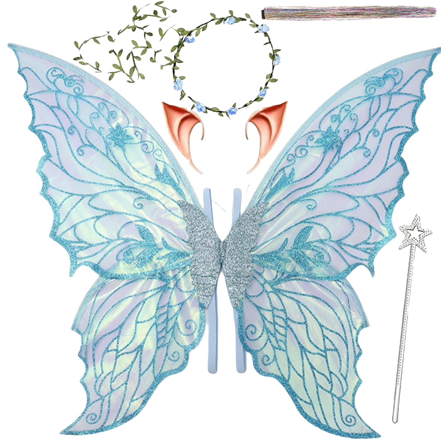 Fairy Wings for Adults，Fairy Costume Set with Floral Garland, Fairy Hair Tinsel, Wand & Elf Ears – 29"x21" Organza Butterfly Wings – Ideal for Cosplay