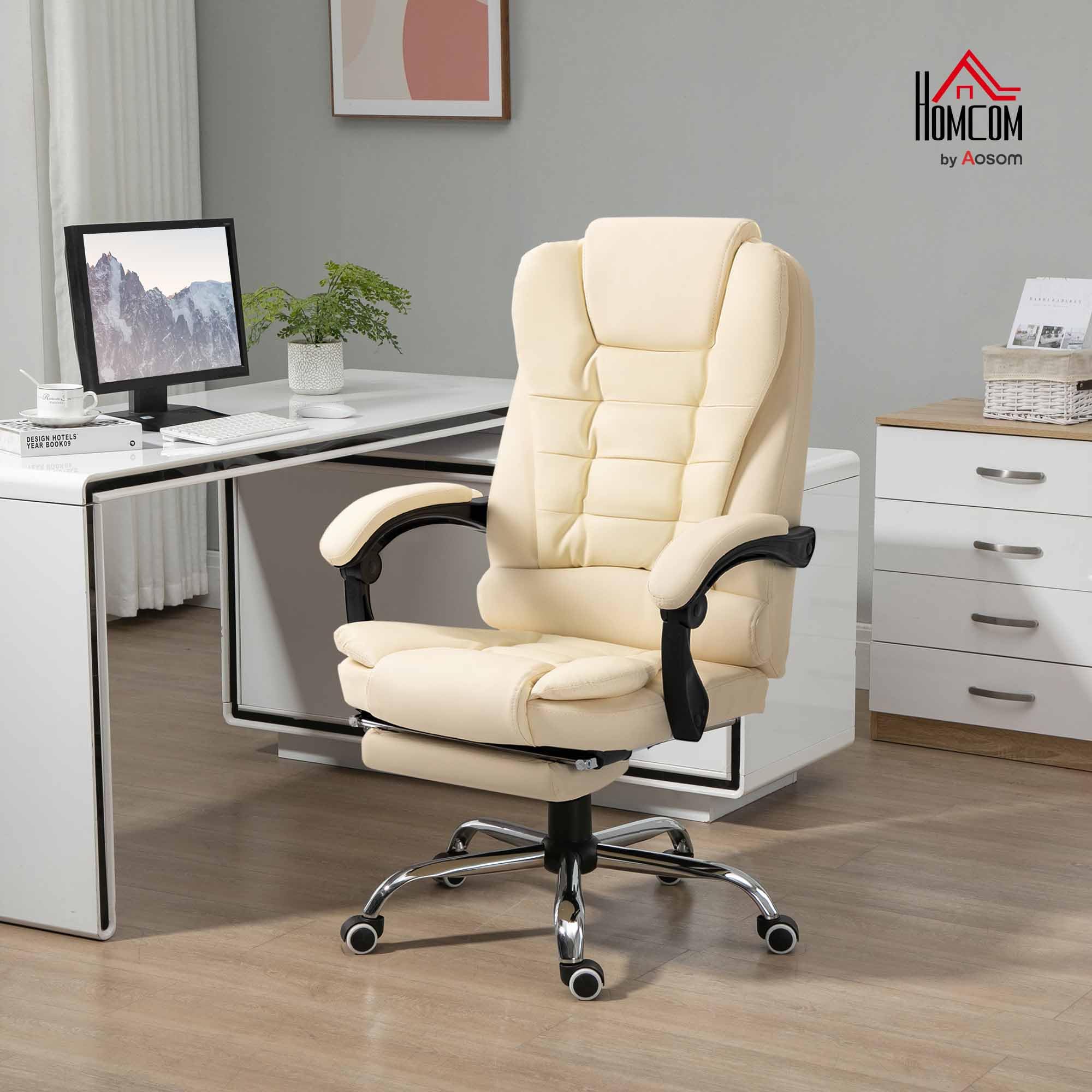 HOMCOM Silla de Oficina Reclinable con Reposapiés Altura Ajustable Crema | Silla de Escritorio Giratoria, Tapizada en PU, con Reposabrazos, para Estudio