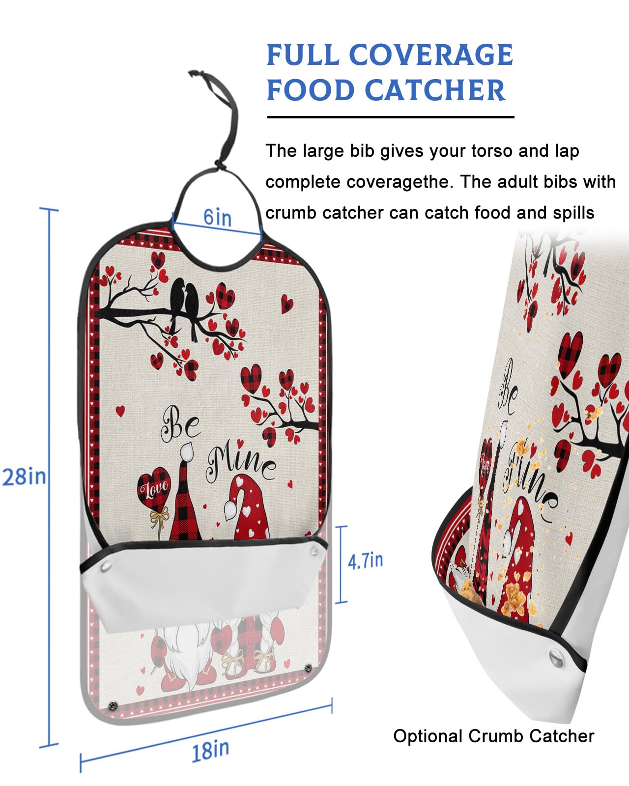 Valentine's Gnomes Adult Bib for Eating with Crumb Catcher,Washable & Waterproof Terry Cloth Adjustable Elderly Women Men Adult Bibs Funny Clothing Protector Red Plaid Saint Farmhouse Love-Tree-Bird