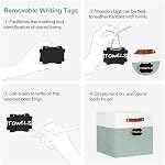 Patvingot 13 Inch Storage Cubes Bins with Bottom Boards and Leather Handles, Foldable Fabric Cube Storage Baskets,Linen Boxes Organizers for Home, Shelves, Closets (White/Green,6 Pack)