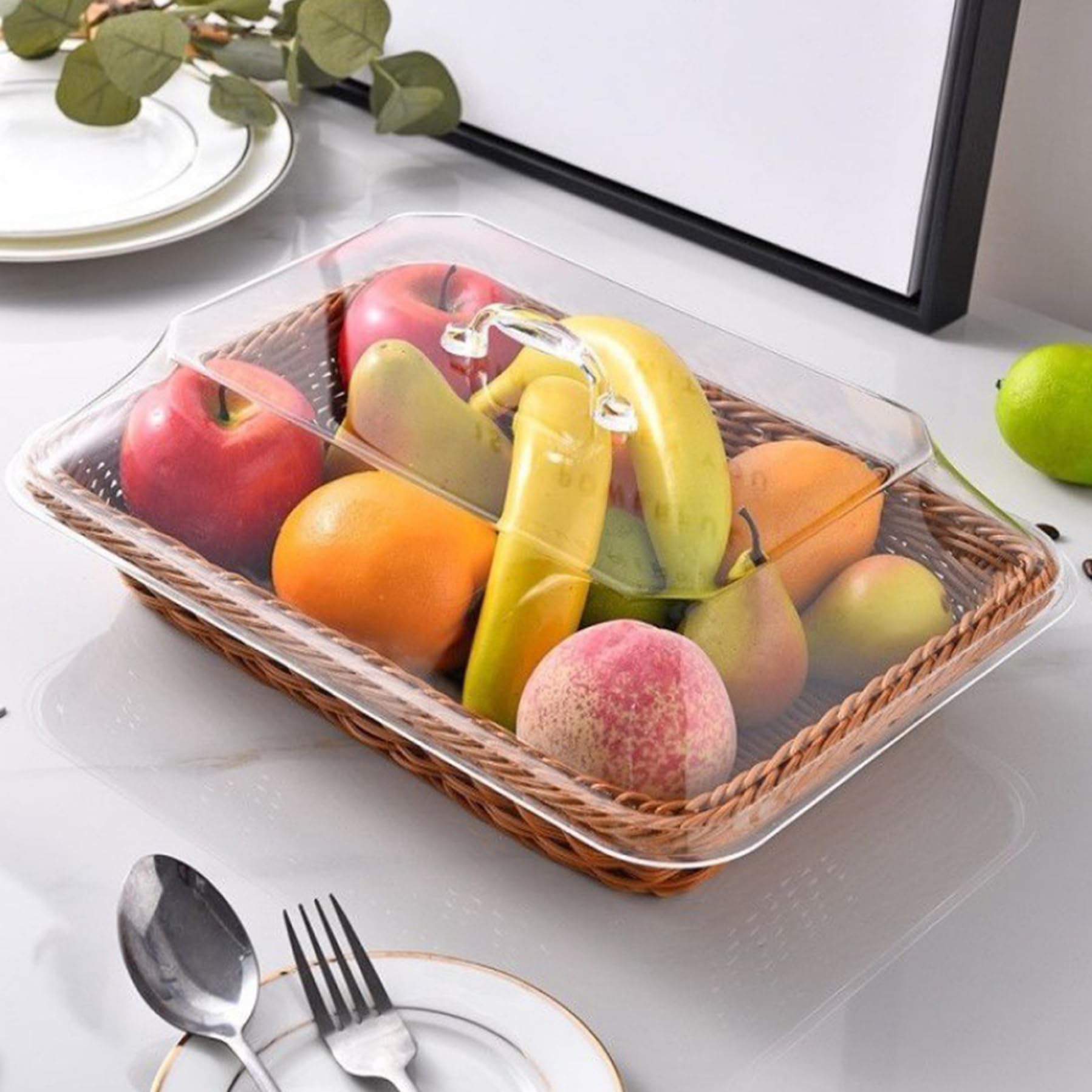 13.78x9.84x4.9 pulgadas de canasta de mimbre con tapa, cesta de ratán rectangular, tejida para servir pan, frutas, verduras