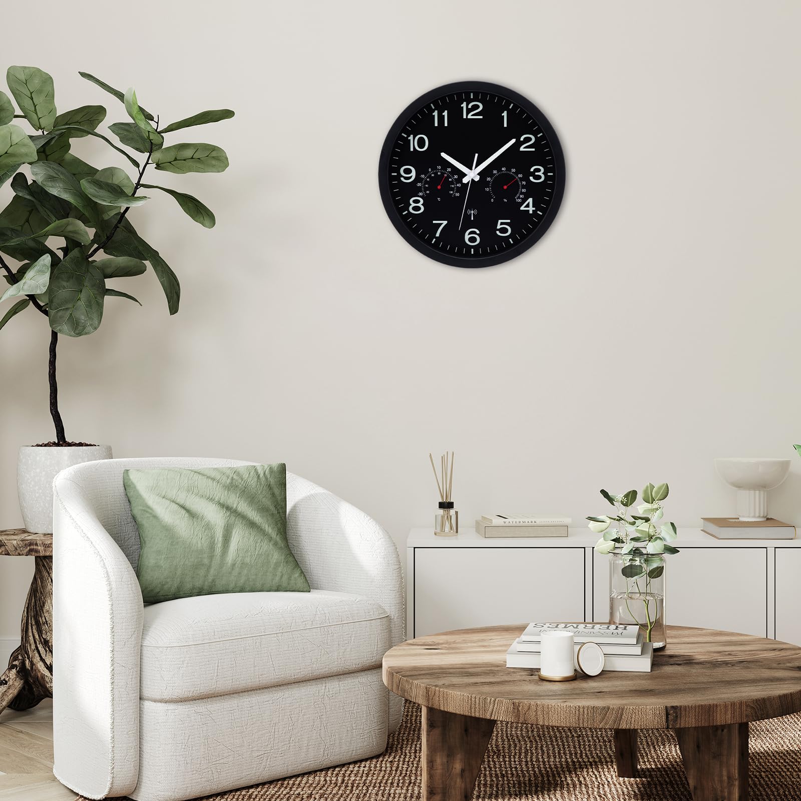VIVILINEN Orologio da parete radio luminoso con indicatore di temperatura e umidità, orologio da parete senza rumore, moderno, per soggiorno, cucina, camera da letto, ufficio