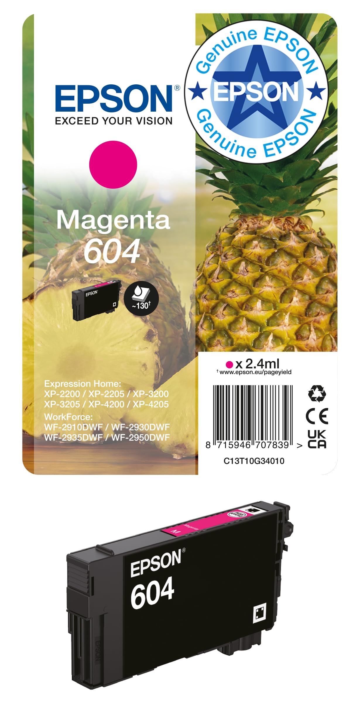 Genuine Epson Pineapple 604 Magenta Ink Cartridge T10G3 C13T10G34010 vacuum seal