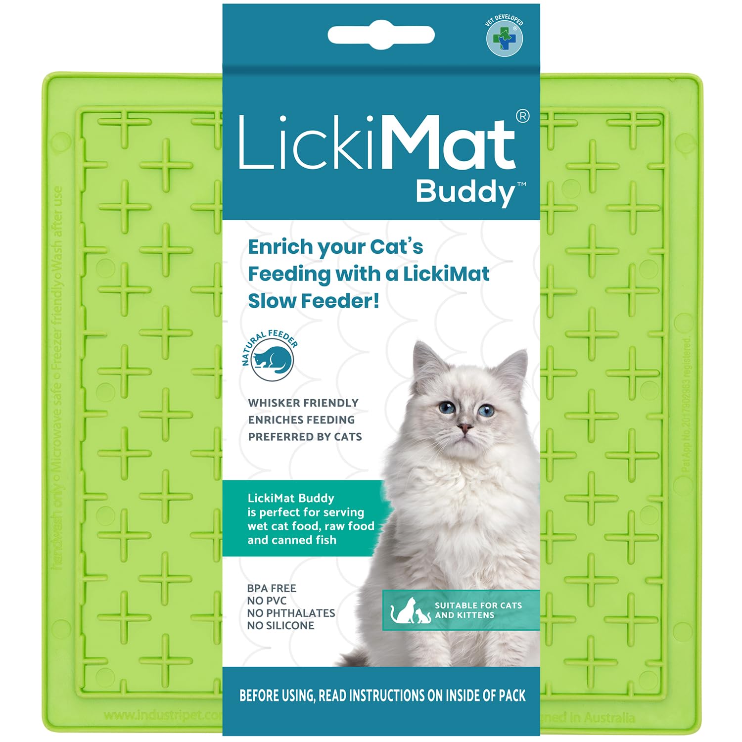 LICKIMAT Classic Buddy Cat Slow Feeders Lick Mat, Boredom Anxiety Reducer; Perfect for Food, Treats, Yogurt, or Peanut Butter. Fun Alternative to a Slow Feed Cat Bowl or Dish, Green — image 1