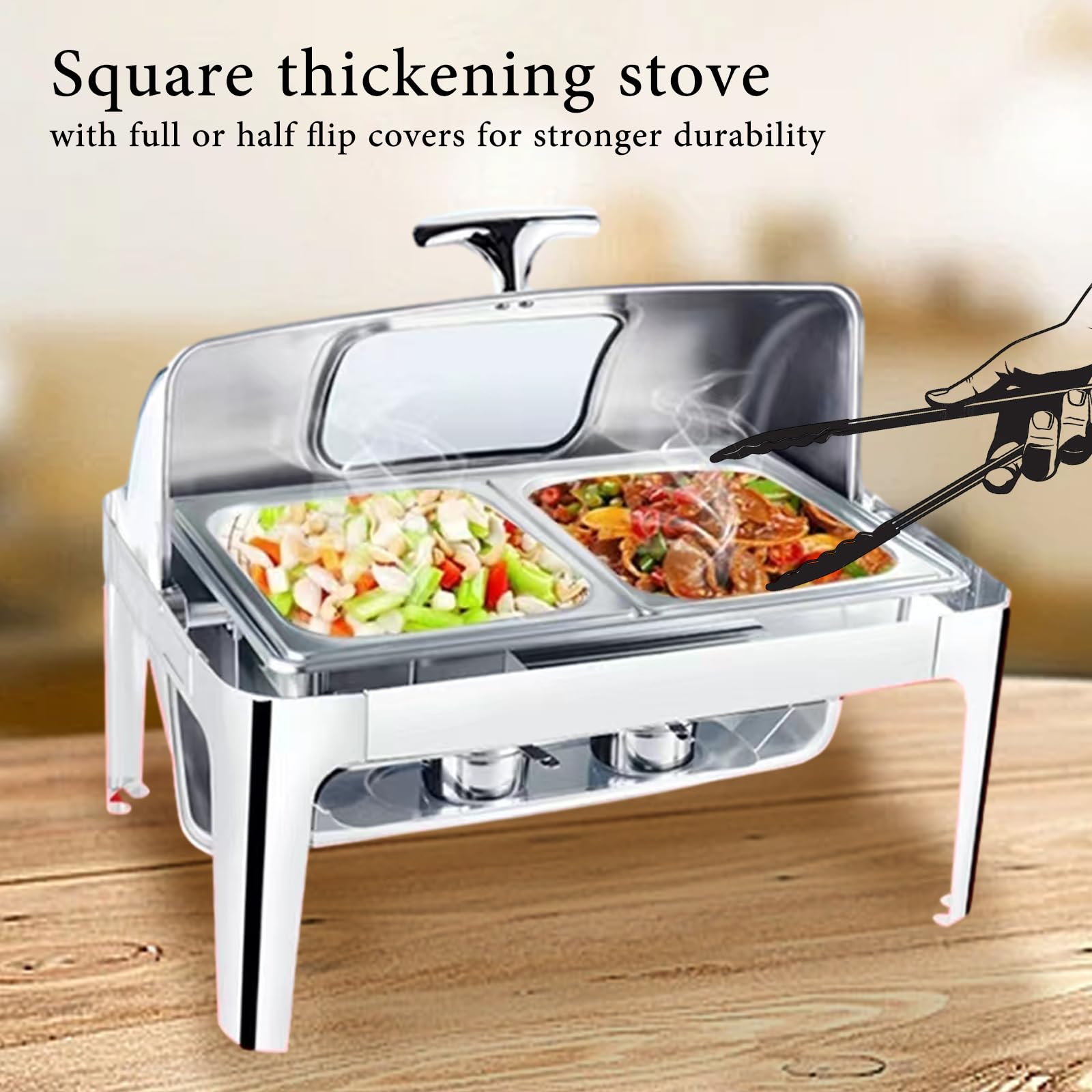 Chafing Dish Buffet Set Calefacción Y Aislamiento Set De Cinco Piezas con Comida Y Agua Bandeja Cubierta Quemador 9L Rectangular con Vidrio De Visualización para Cafetería,Six