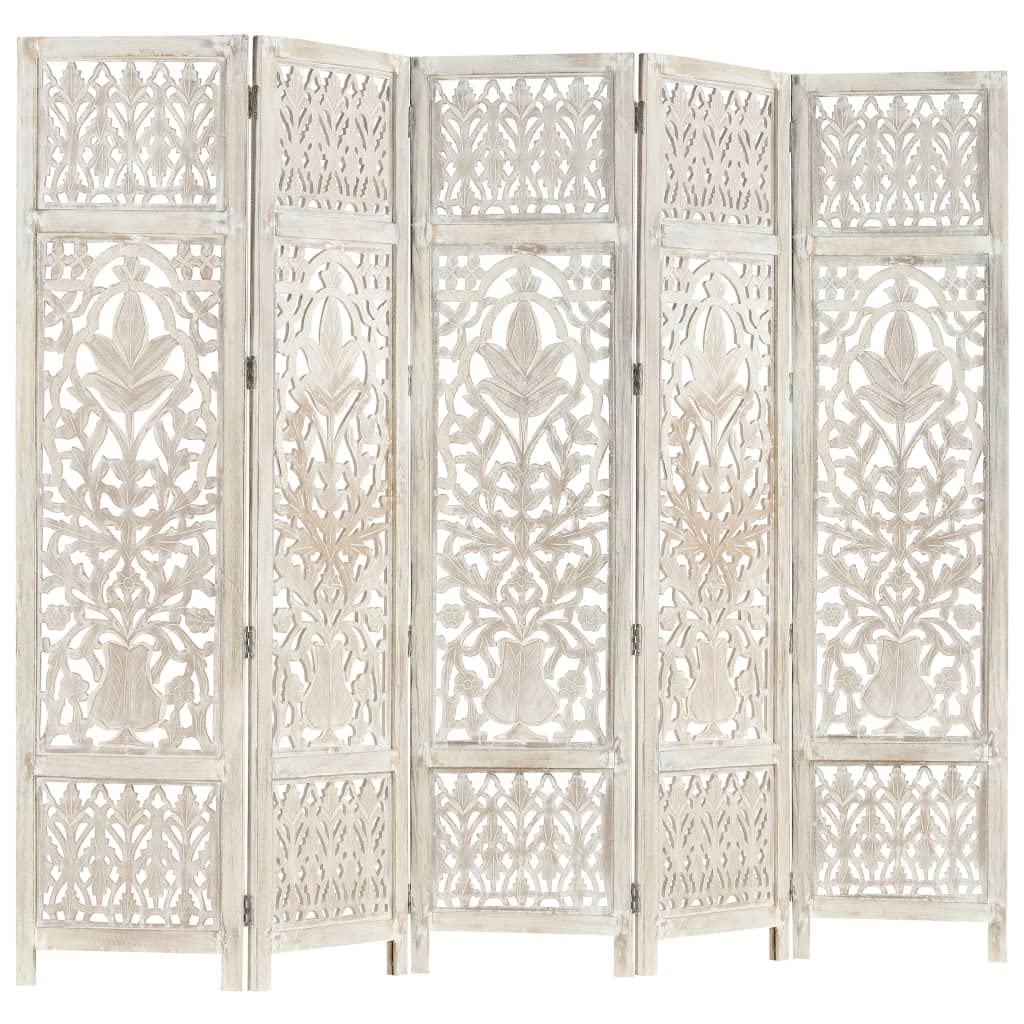 vidaXL Divisorio con 5 Pannelli Separè Speratore Paravento Richiudibile Mobili Arredamento Bianco 200x165 cm Legno Massello di Mango