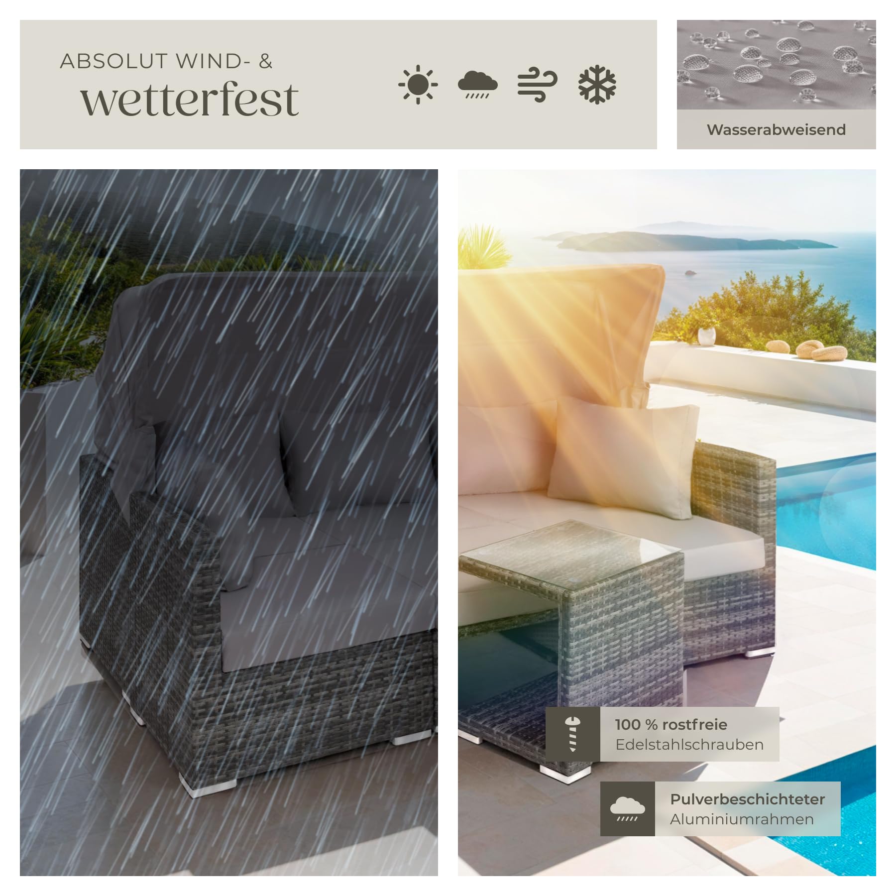 tectake® Rattan Sonneninsel Sitzgruppe, Alu Lounge Möbel Set inkl. Sofa mit Sonnendach, Hocker, Sesseln und Tisch, Outdoor Gartenmöbel, Loungemöbel Balkon und Garten, Terrassenmöbel, wetterfest - grau