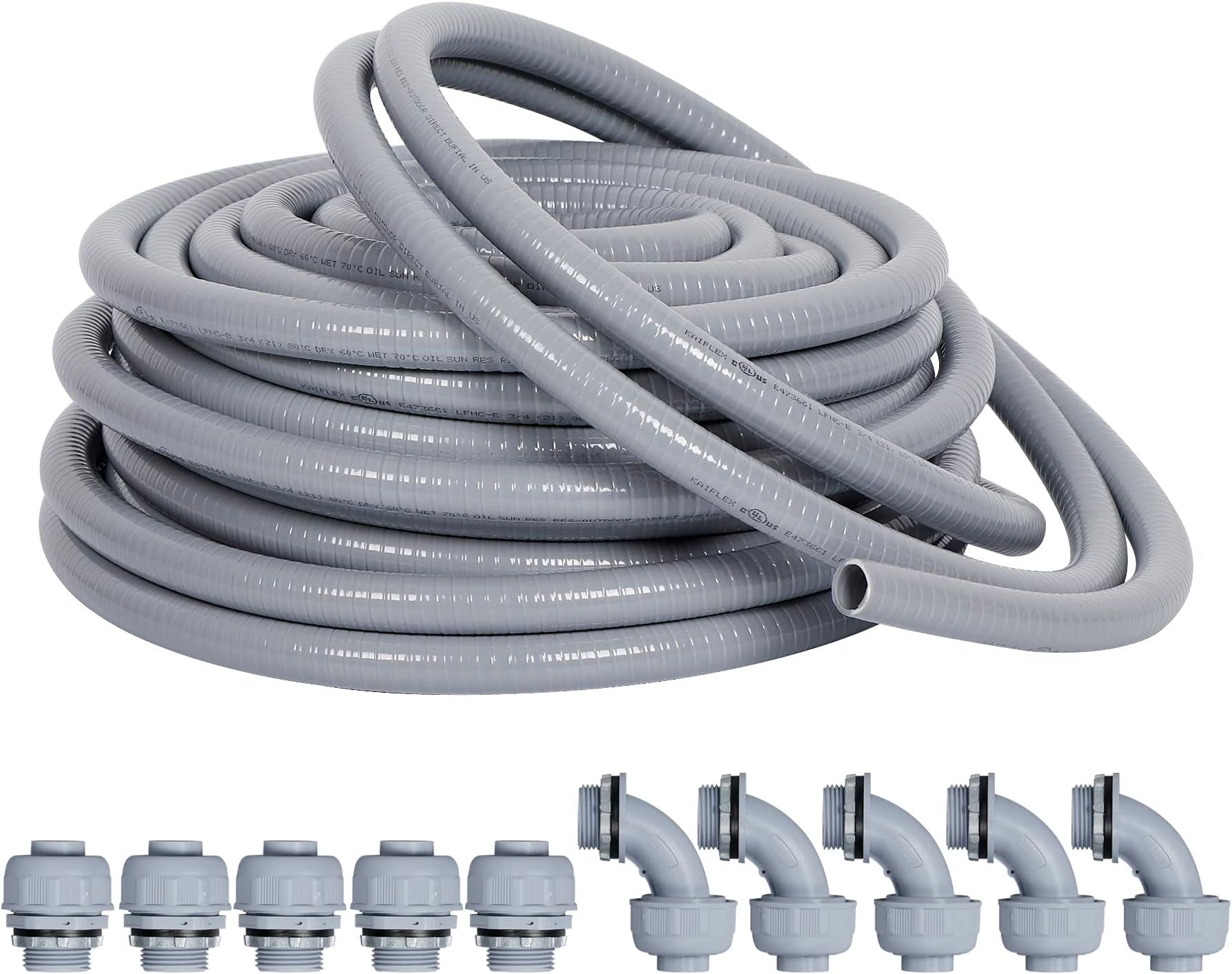 Liquid-Tight Conduit and Connector Kit 1/2inch 25ft, Flexible Non Metallic Liquid Tight Electrical Conduit UL Certification, Electrical Conduit Kit with 5 Straight, 5 Angle Fittings