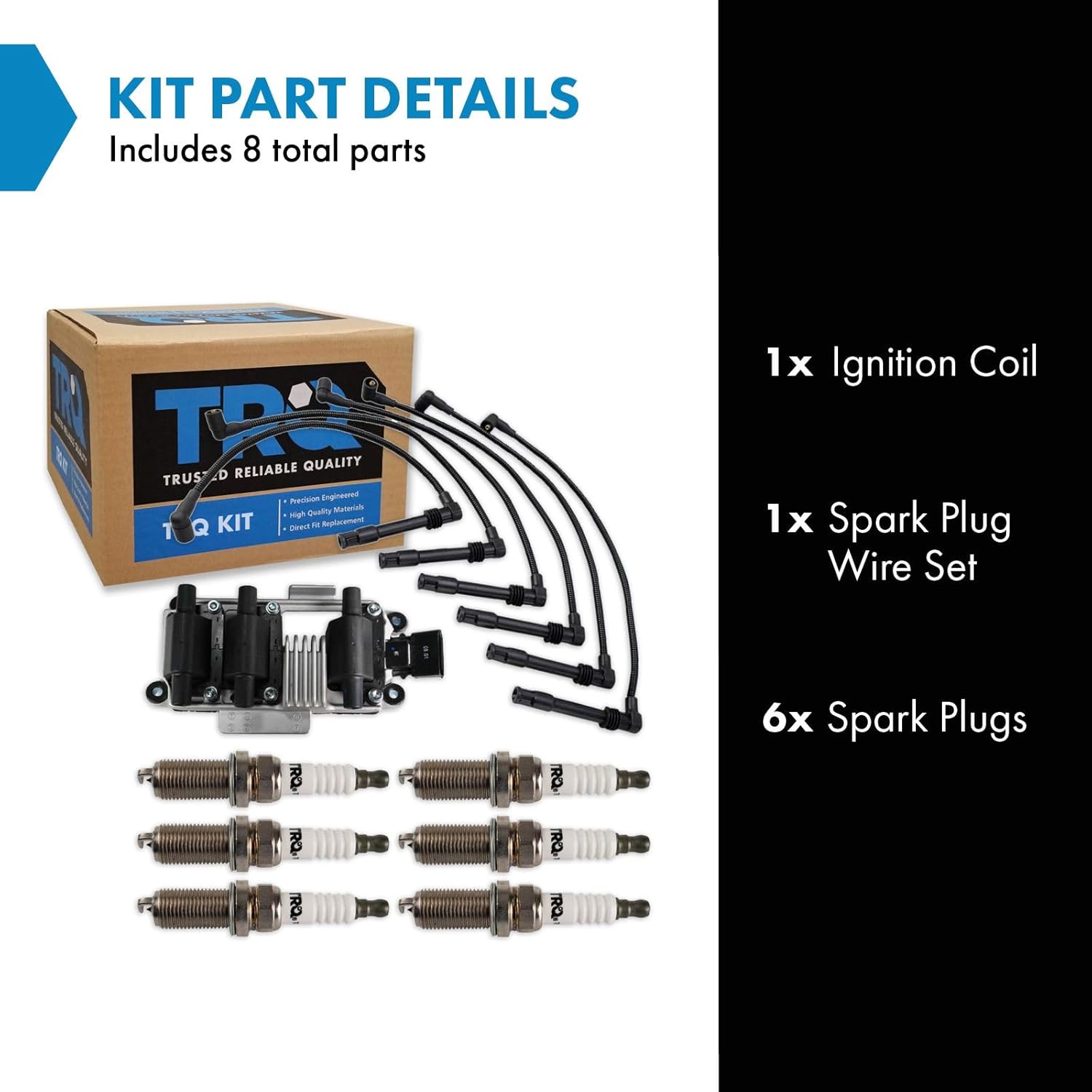 TRQ Ignition Coil and Spark Plug Kit 8 Piece Iridium Spark Plugs Compatible with 1998-2001 Audi A4 1998-2001 A4 Quattro 1999-2001 A6 1998-2001 A6 Quattro 2004-2005 Volkswagen Passat